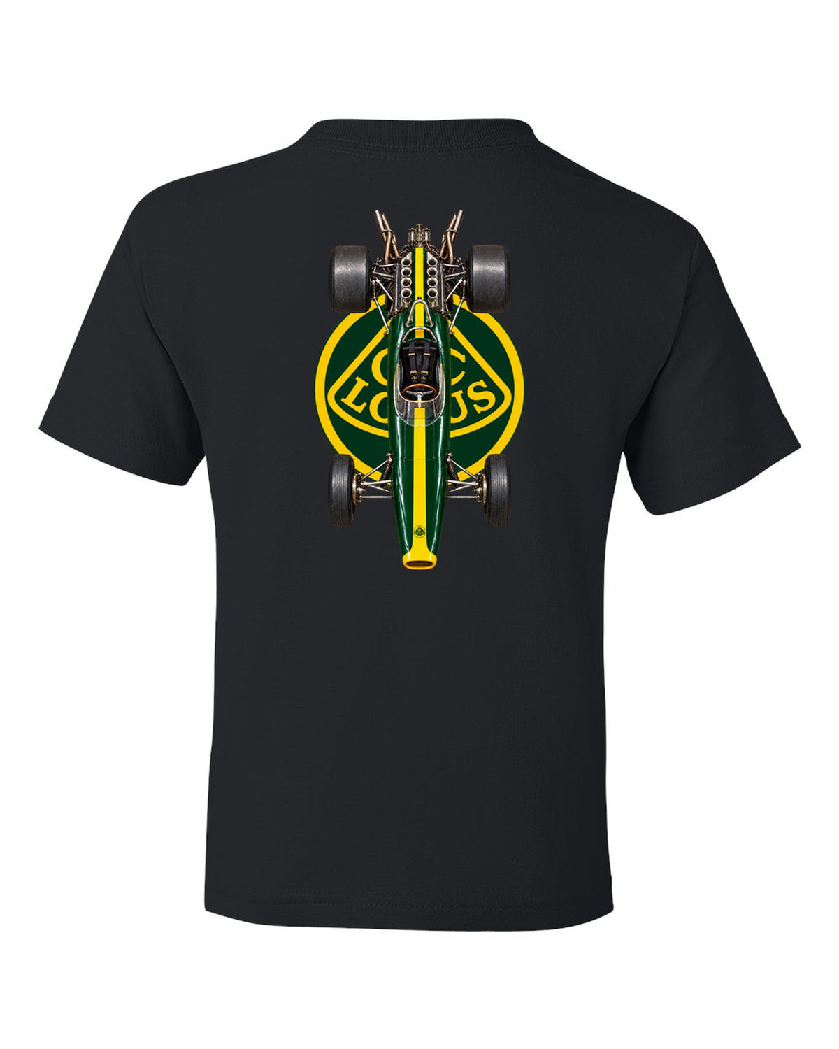 Lotus 49 1967 Formula 1 overhead poster artwork black kids tee back view with the design