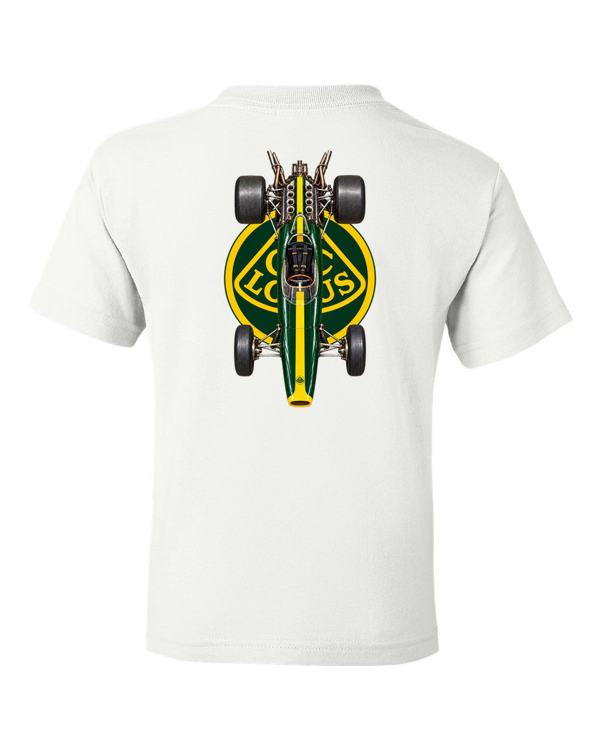 Lotus 49 1967 Formula 1 overhead poster artwork white kids tee back view with the design