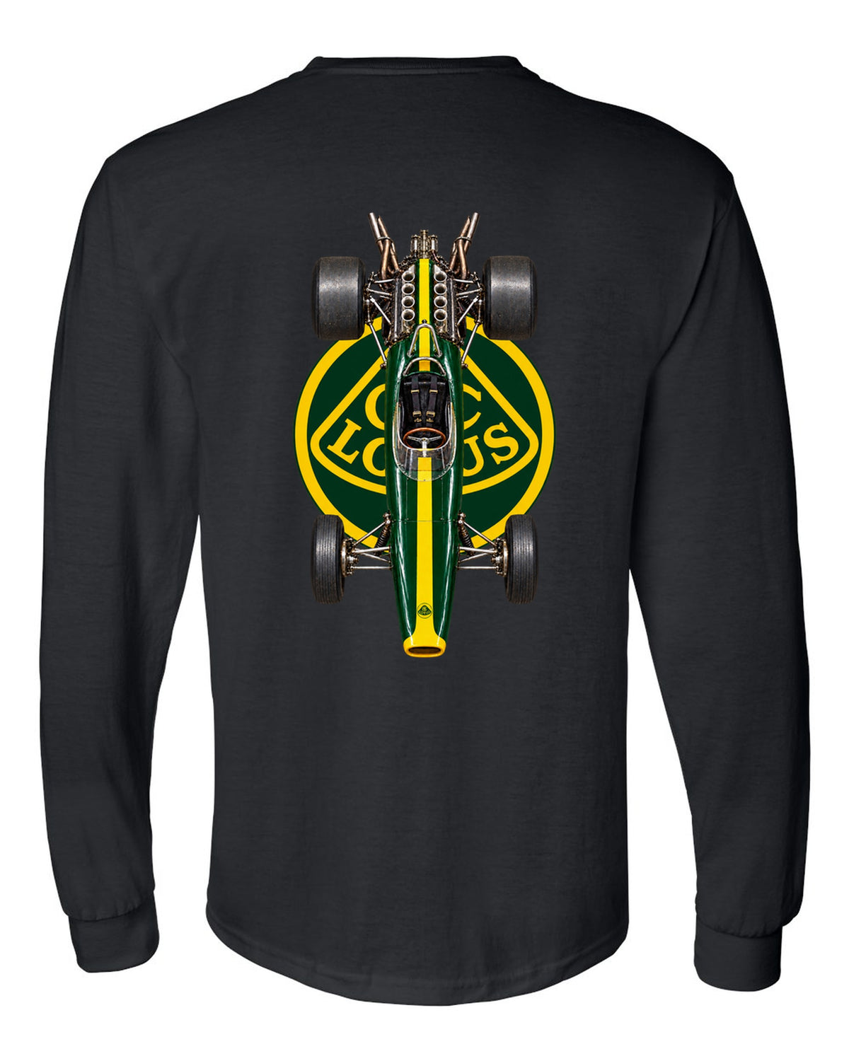 Lotus 49 1967 Formula 1 overhead poster artwork black long sleeve back view with the design