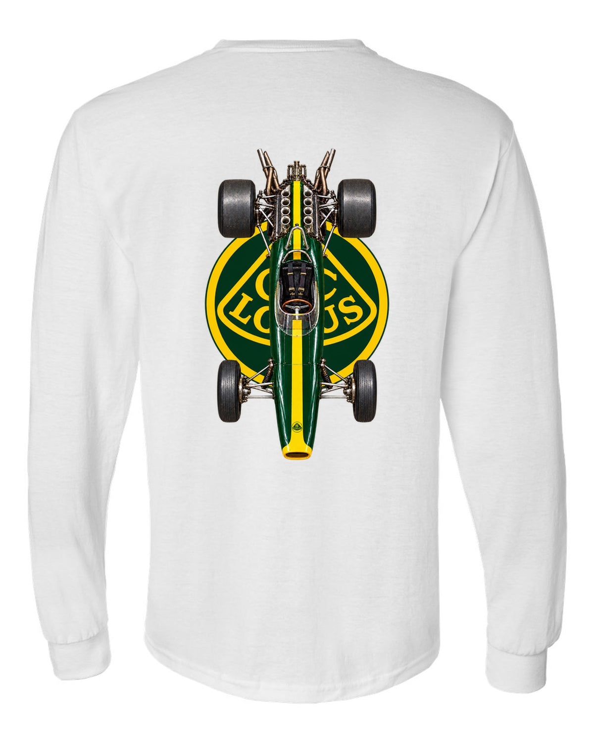 Lotus 49 1967 Formula 1 overhead poster artwork white long sleeve back view with the design