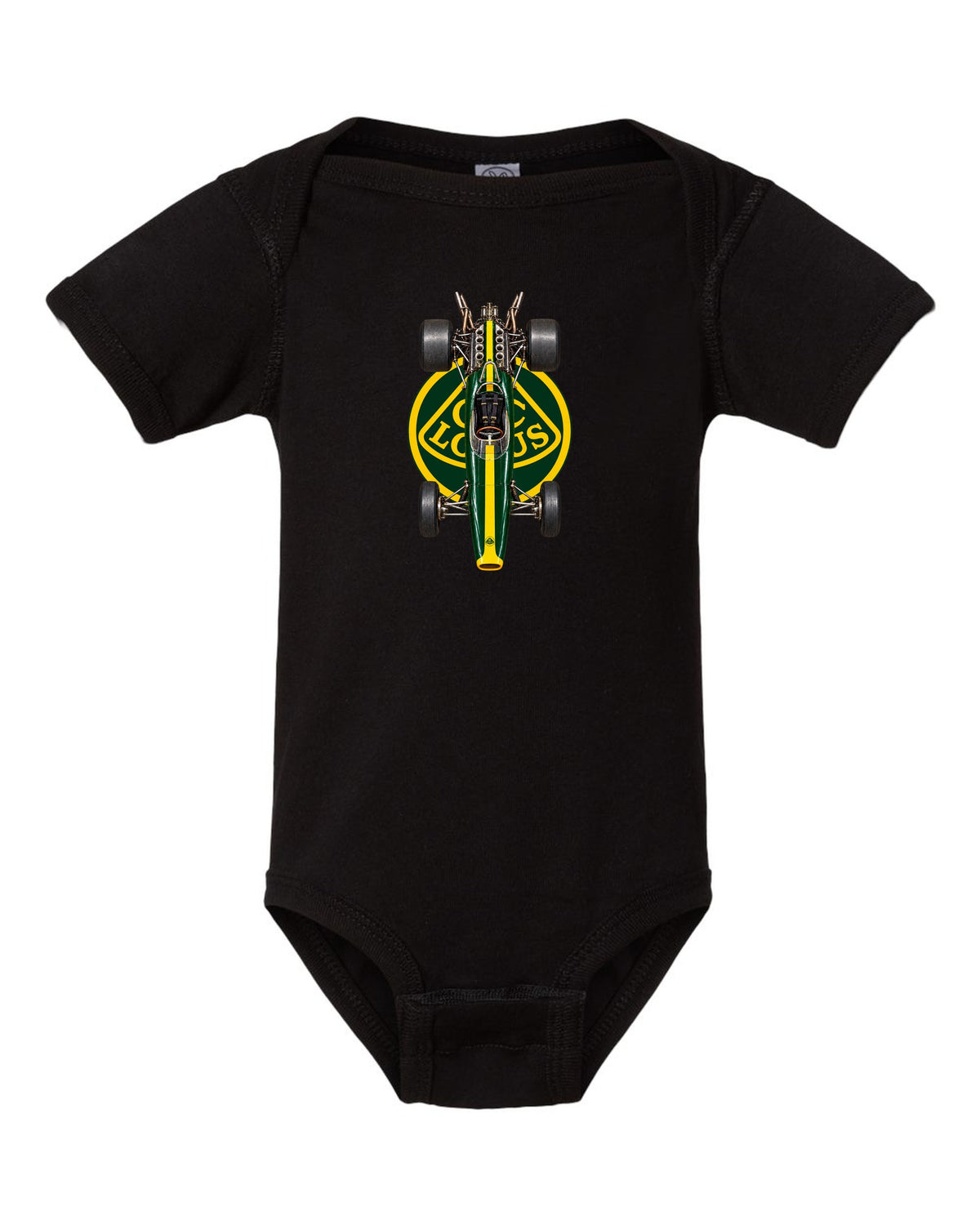 Lotus 49 1967 Formula 1 overhead poster artwork black baby onesie front view with the design