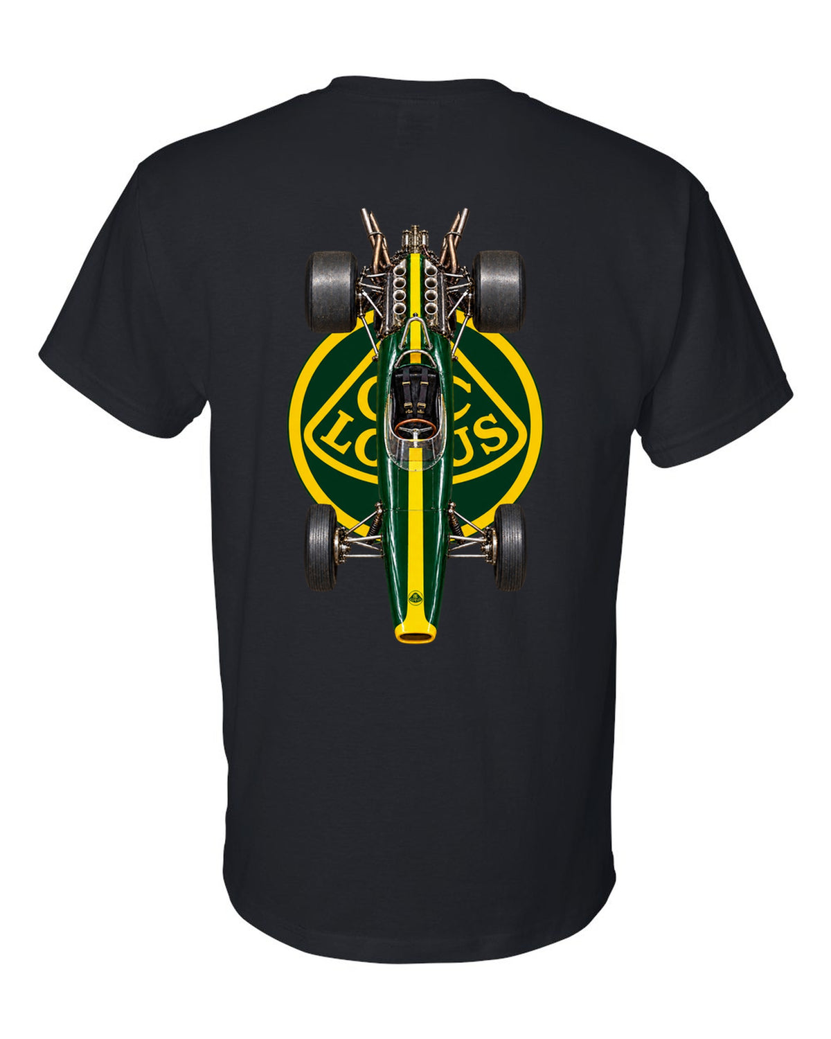 Lotus 49 1967 Formula 1 overhead poster artwork black t-shirt back view with the design