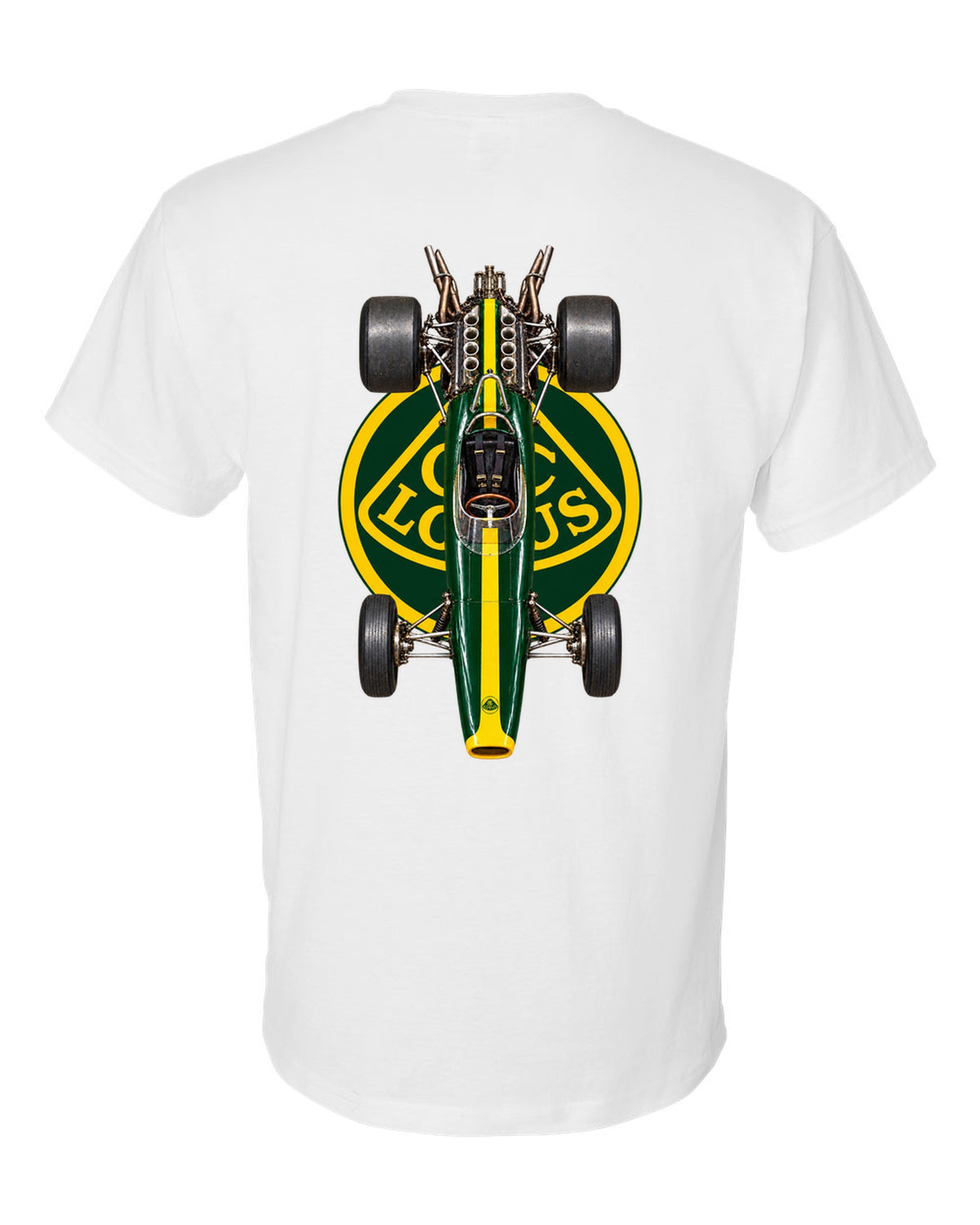 Lotus 49 1967 Formula 1 overhead poster artwork white t-shirt back view with the design