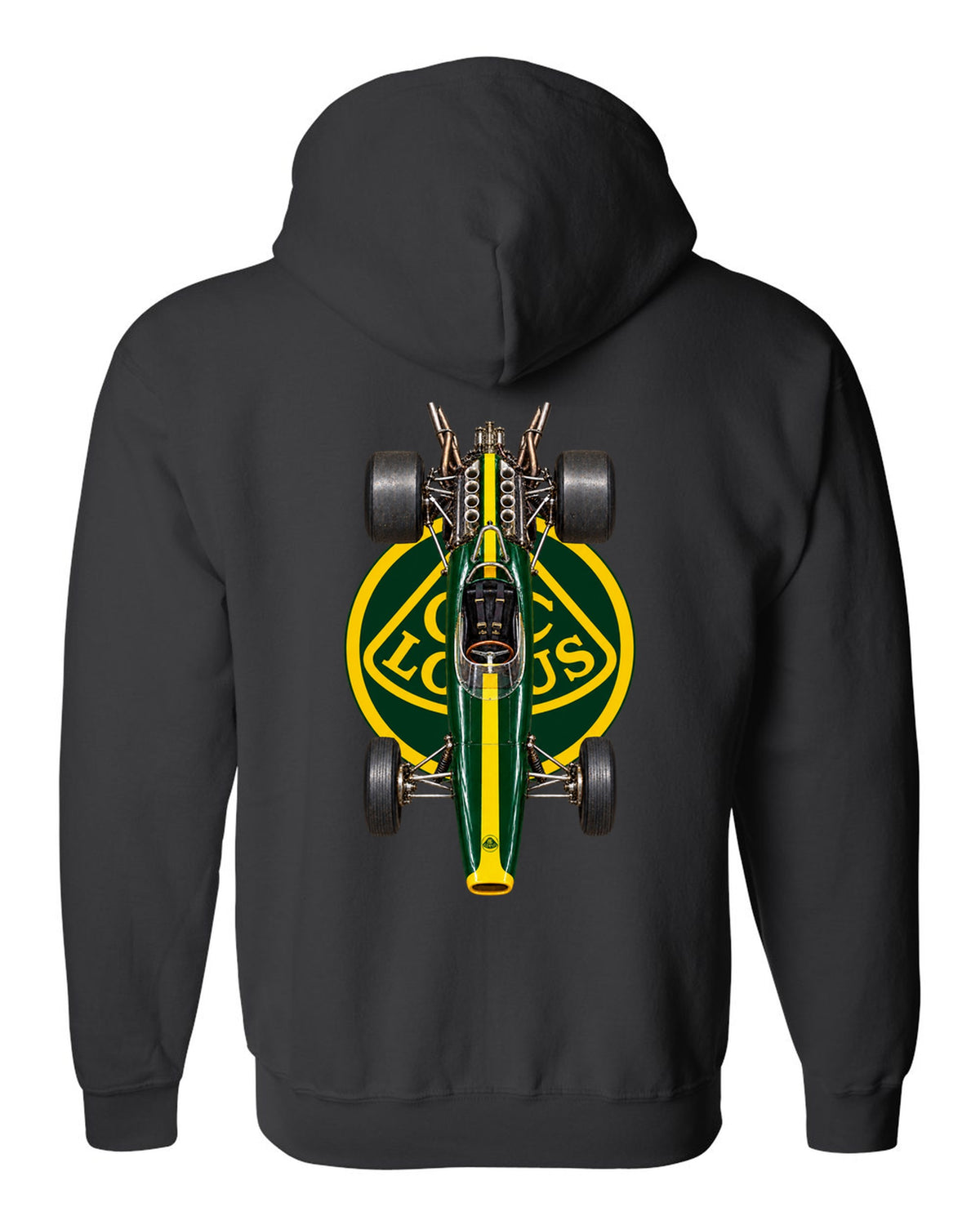 Lotus 49 1967 Formula 1 overhead poster artwork black zip hoodie back view with the design