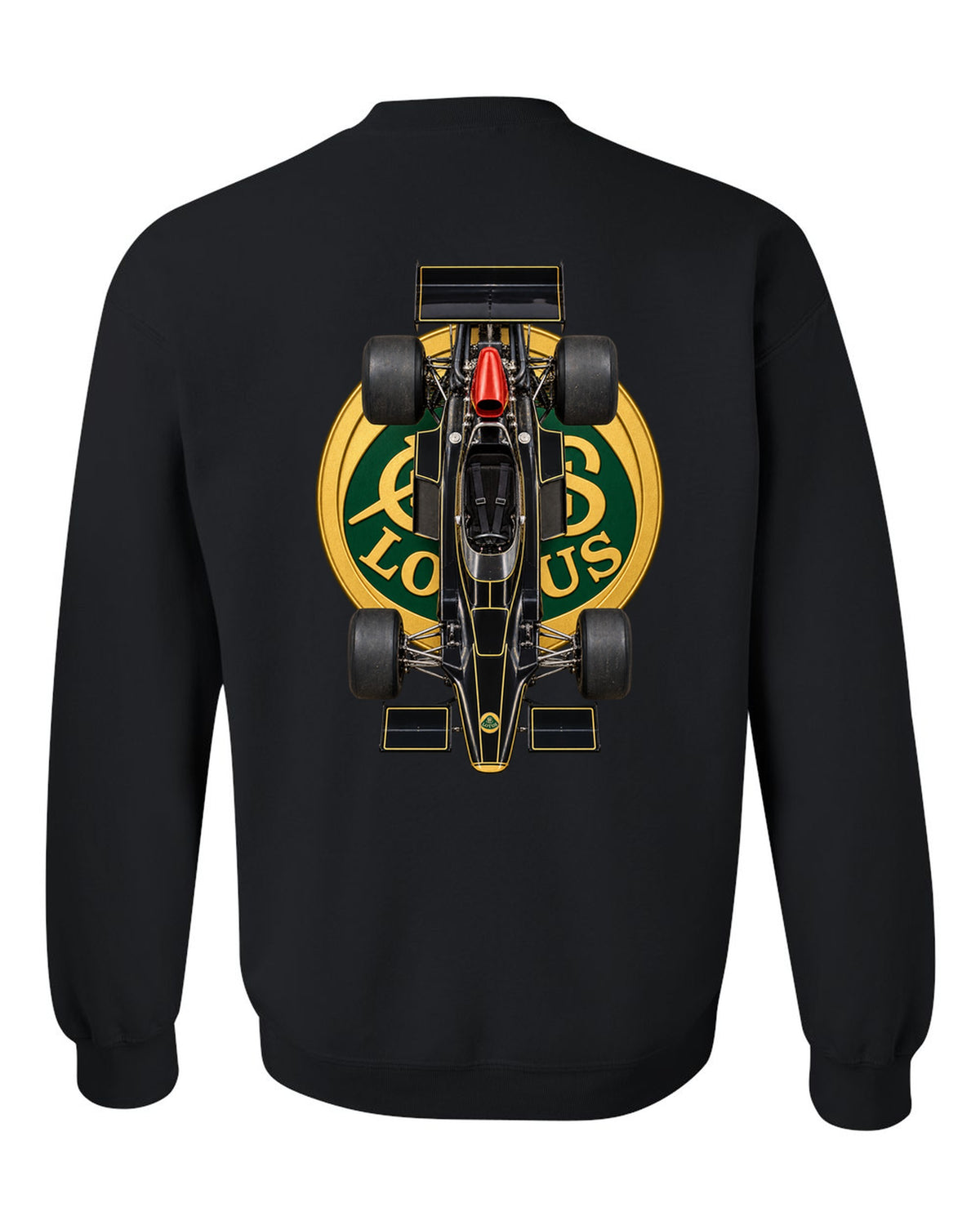 Lotus 72D 1972 Formula 1 overhead poster artwork black crewneck back view with the design