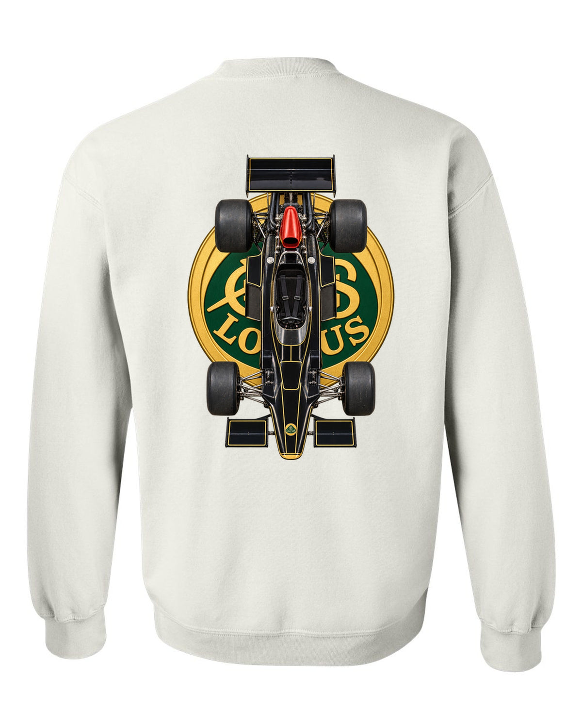 Lotus 72D 1972 Formula 1 overhead poster artwork white crewneck back view with the design