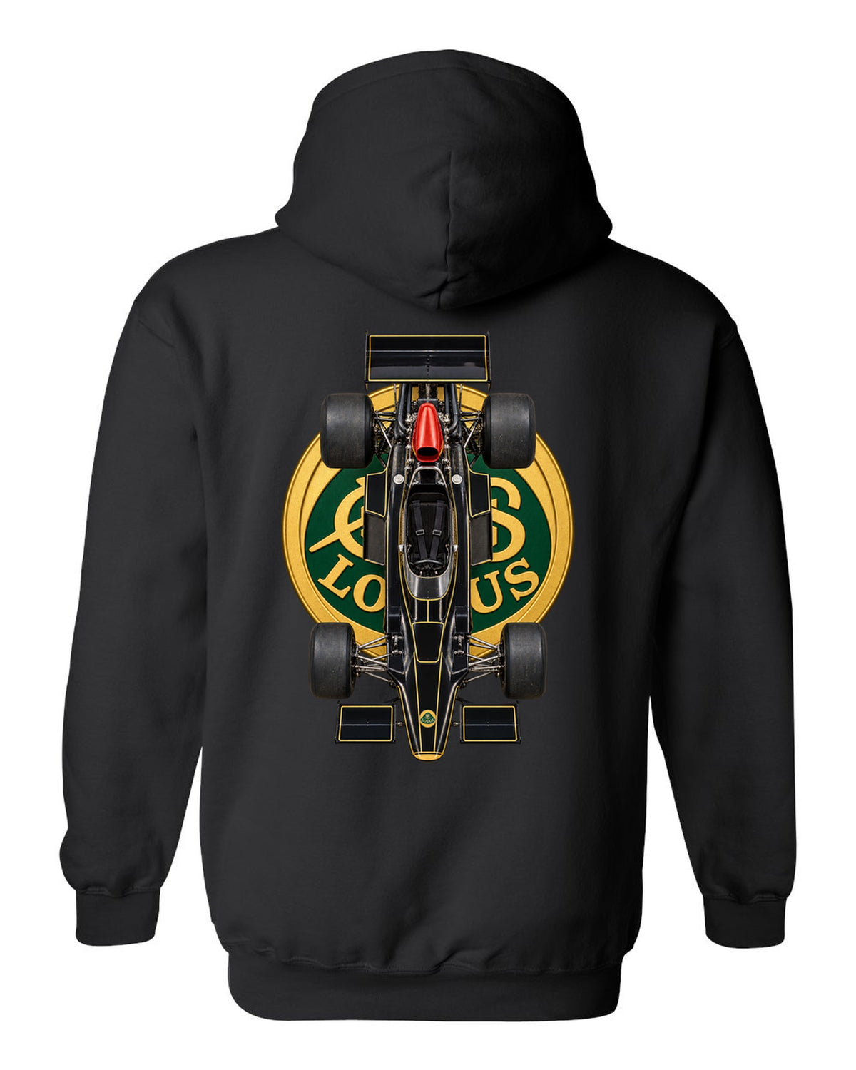 Lotus 72D 1972 Formula 1 overhead poster artwork black pull over hoodie back view with the design