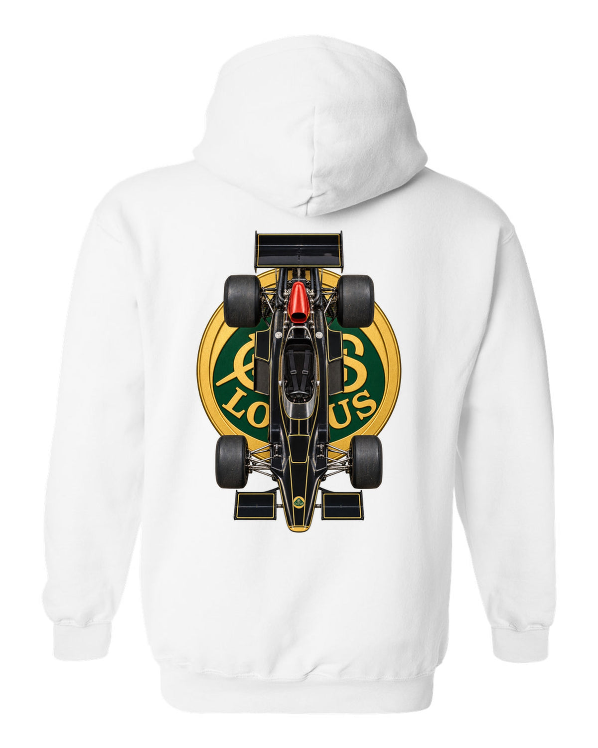 Lotus 72D 1972 Formula 1 overhead poster artwork white pull over hoodie back view with the design