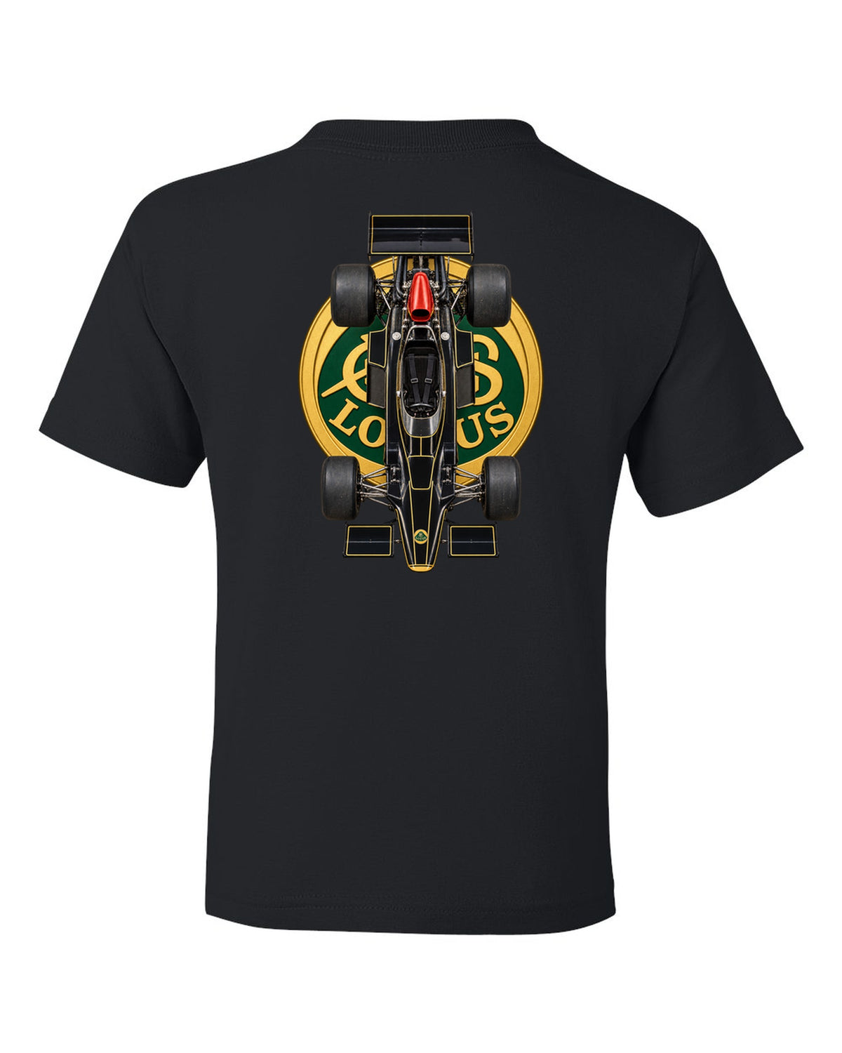 Lotus 72D 1972 Formula 1 overhead poster artwork black kids tee back view with the design