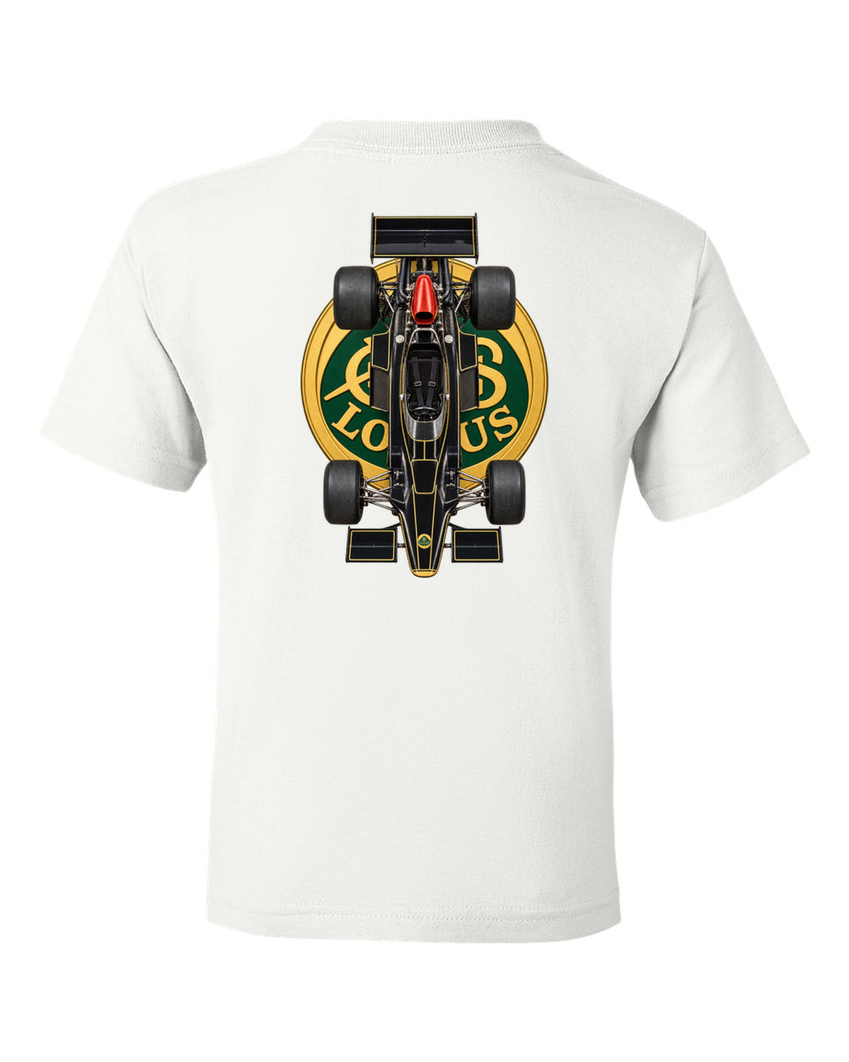 Lotus 72D 1972 Formula 1 overhead poster artwork white kids tee back view with the design