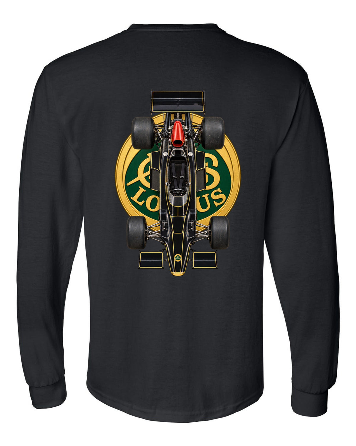 Lotus 72D 1972 Formula 1 overhead poster artwork black long sleeve back view with the design