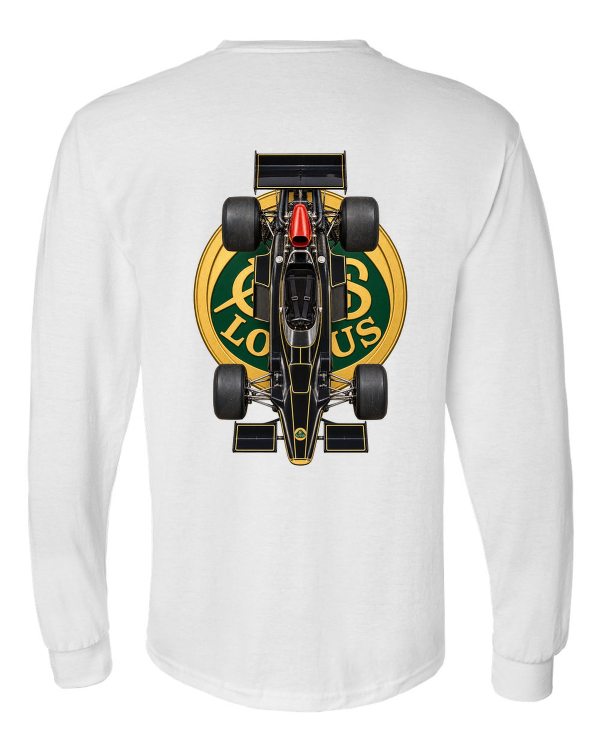 Lotus 72D 1972 Formula 1 overhead poster artwork white long sleeve back view with the design