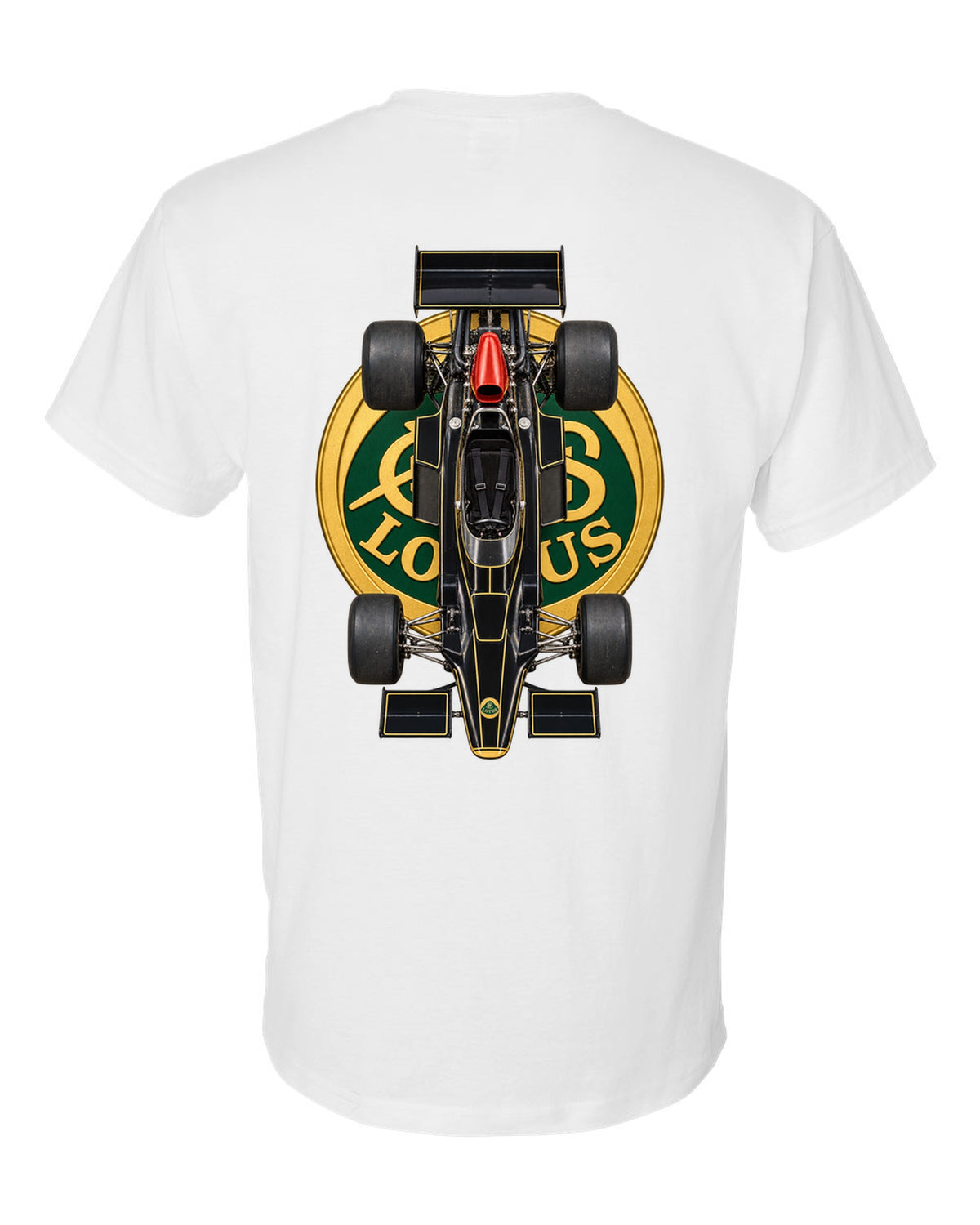 Lotus 72D 1972 Formula 1 overhead poster artwork white t-shirt back view with the design