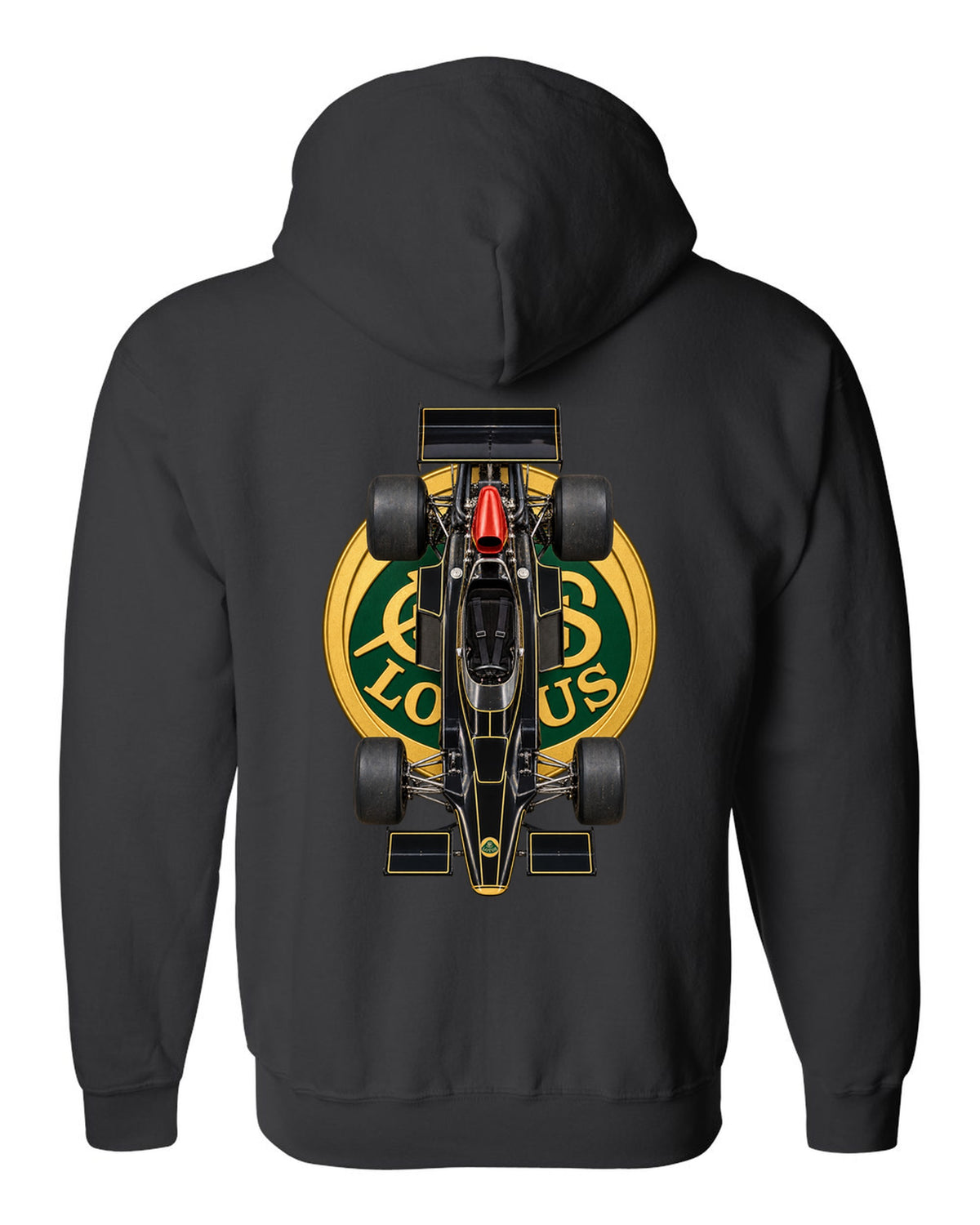 Lotus 72D 1972 Formula 1 overhead poster artwork black zip hoodie back view with the design