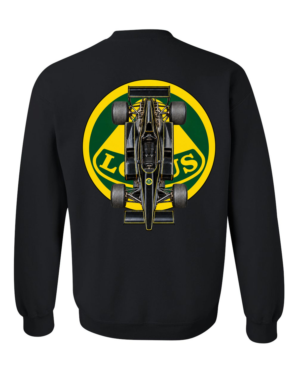 Lotus 78 1977 Formula 1 overhead poster artwork black crewneck back view with the design