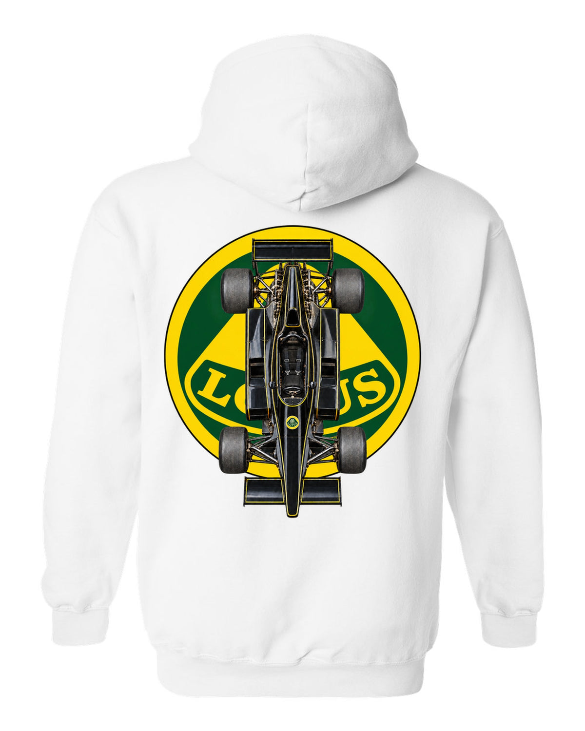 Lotus 78 1977 Formula 1 overhead poster artwork white pull over hoodie back view with the design