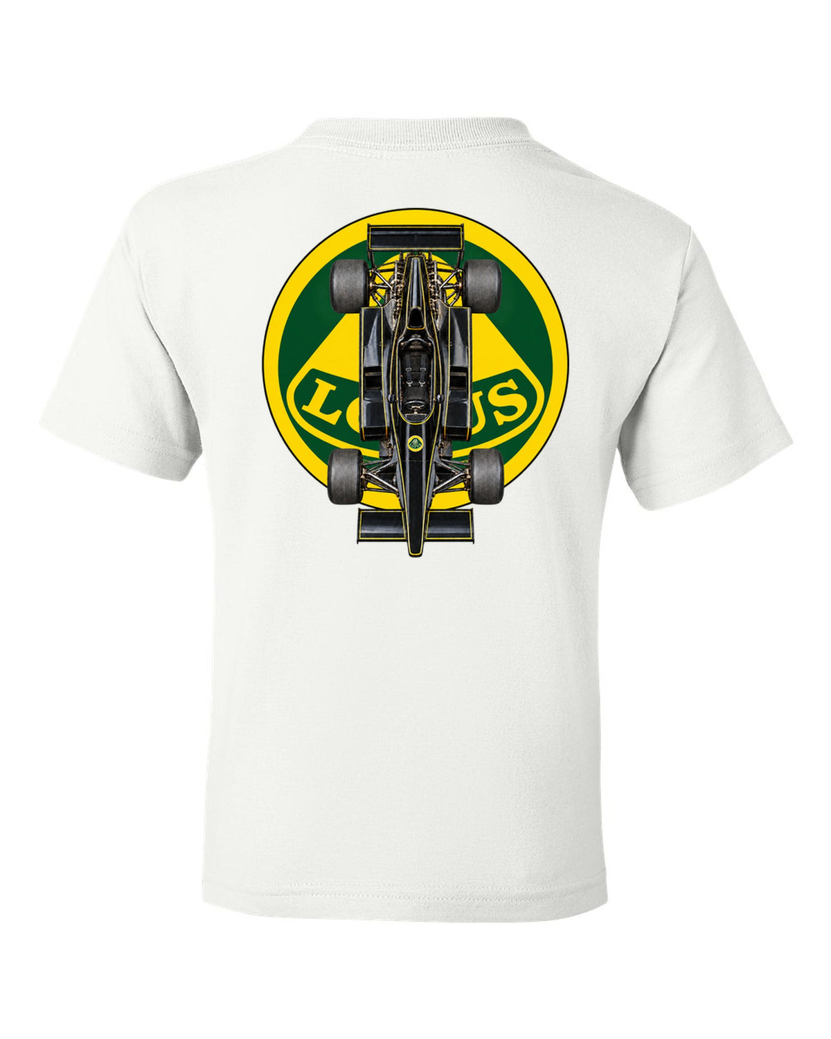 Lotus 78 1977 Formula 1 overhead poster artwork white kids tee back view with the design