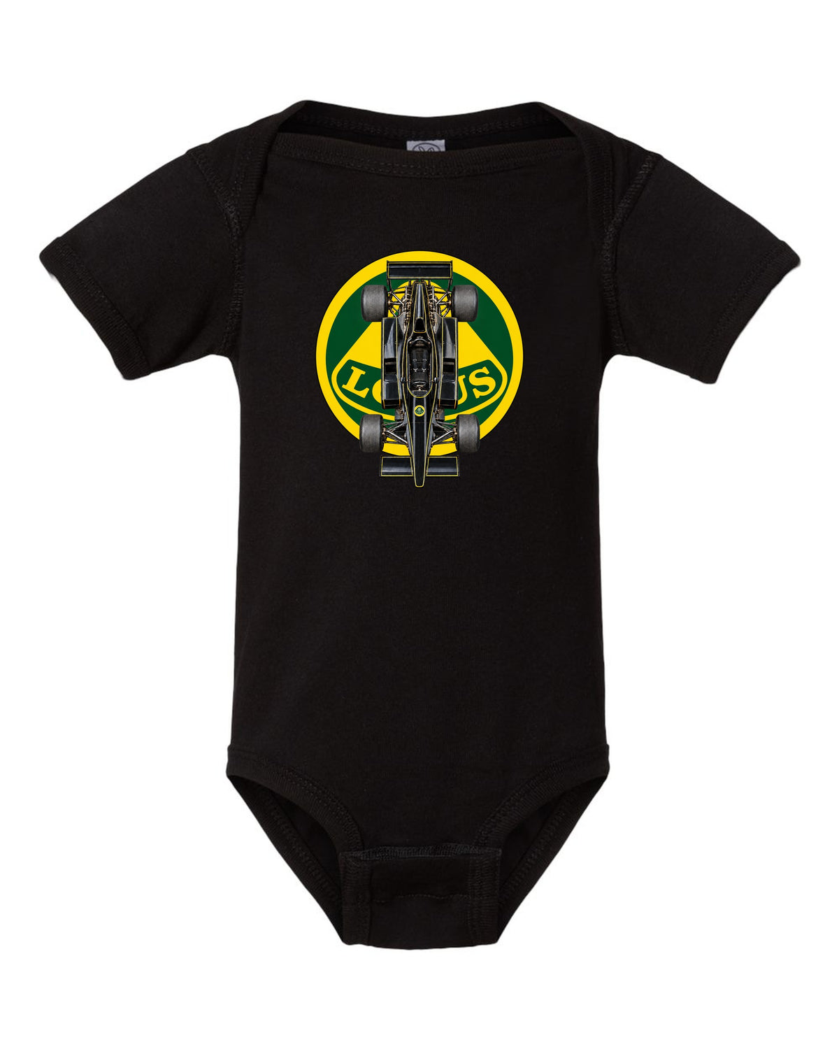 Lotus 78 1977 Formula 1 overhead poster artwork black baby onesie front view with the design