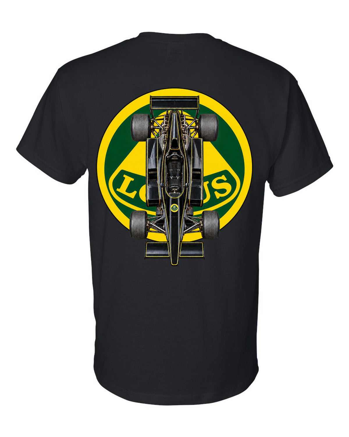 Lotus 78 1977 Formula 1 overhead poster artwork black t-shirt back view with the design