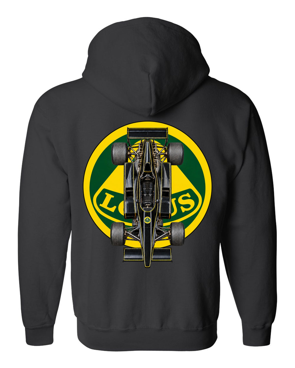 Lotus 78 1977 Formula 1 overhead poster artwork black zip hoodie back view with the design