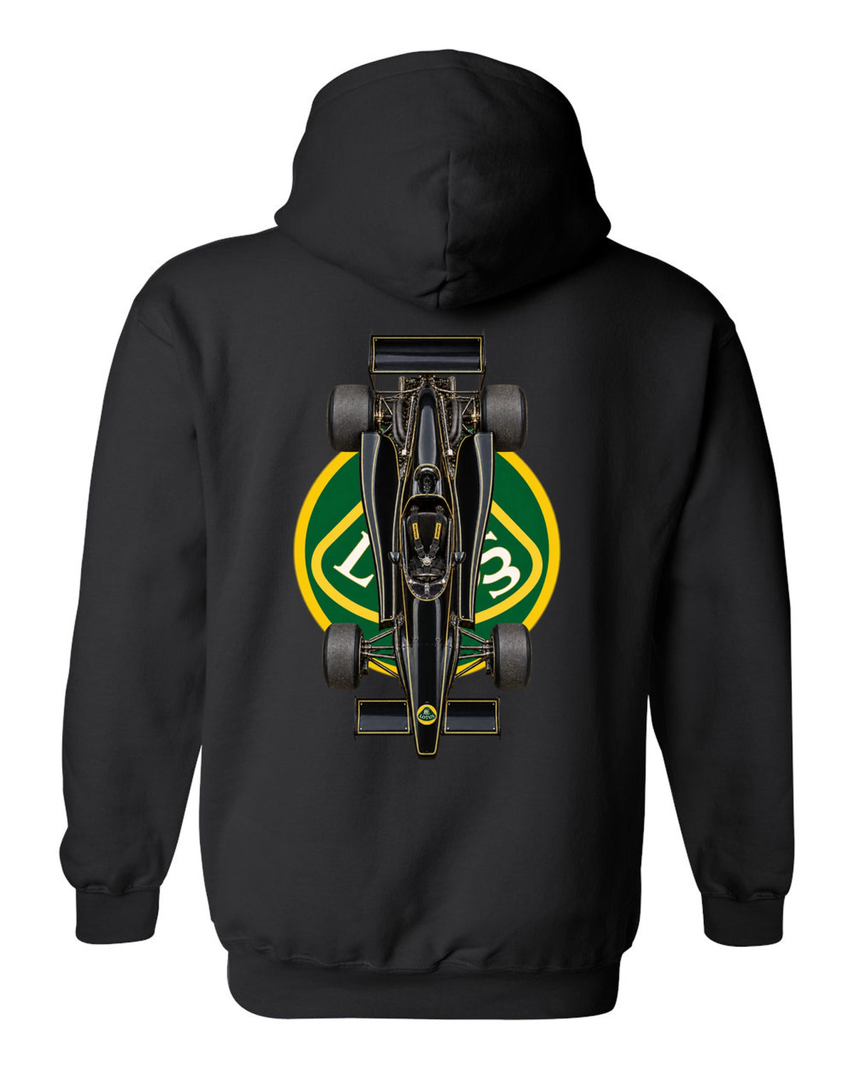 Lotus 79 1978 Formula 1 overhead poster artwork black pull over hoodie back view with the design