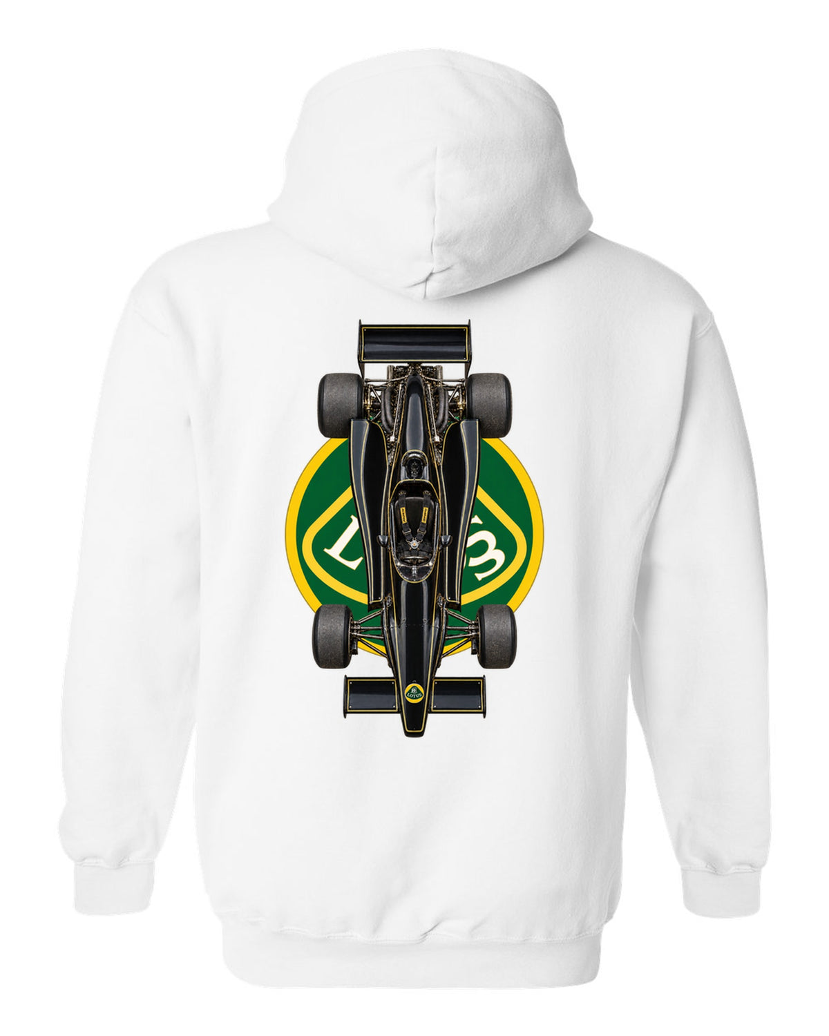 Lotus 79 1978 Formula 1 overhead poster artwork white pull over hoodie back view with the design