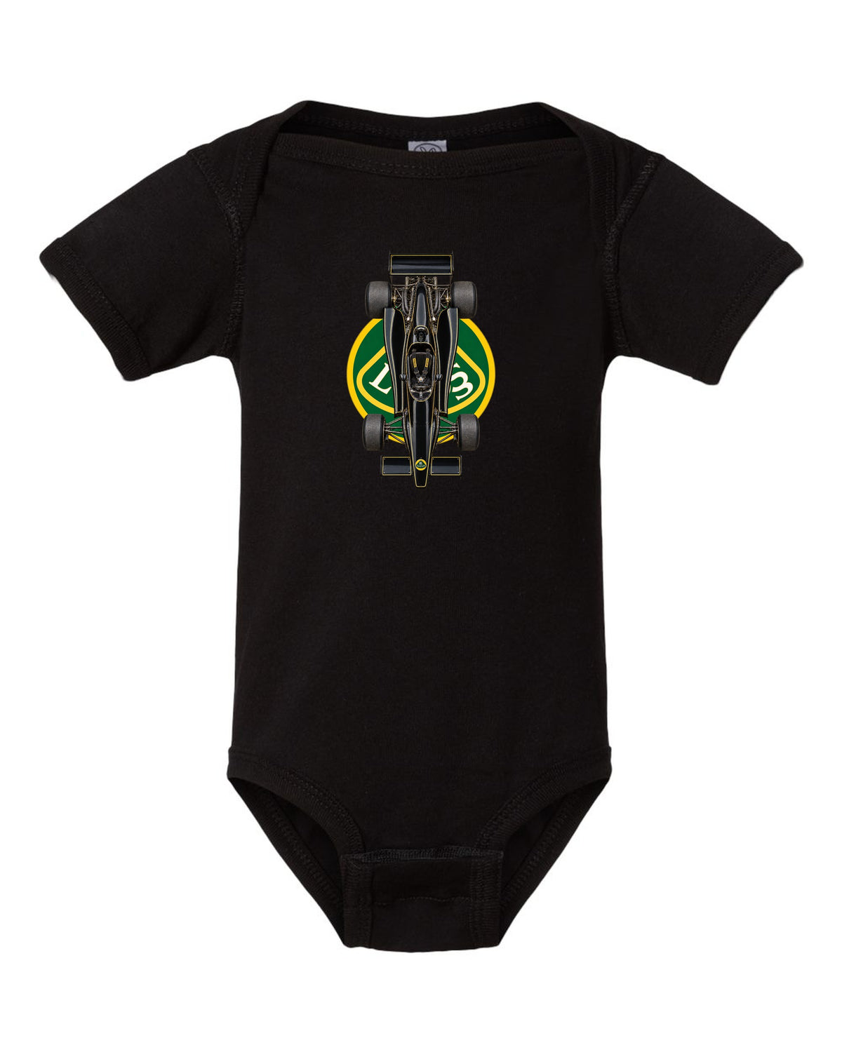 Lotus 79 1978 Formula 1 overhead poster artwork black baby onesie front view with the design