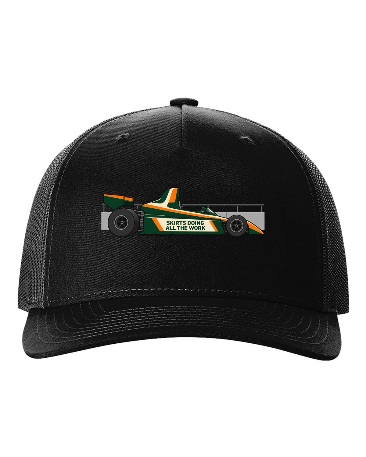 Flat vector Lotus 79 Formula 1 car with the lettering skirts doing all the work black hat front view with the design