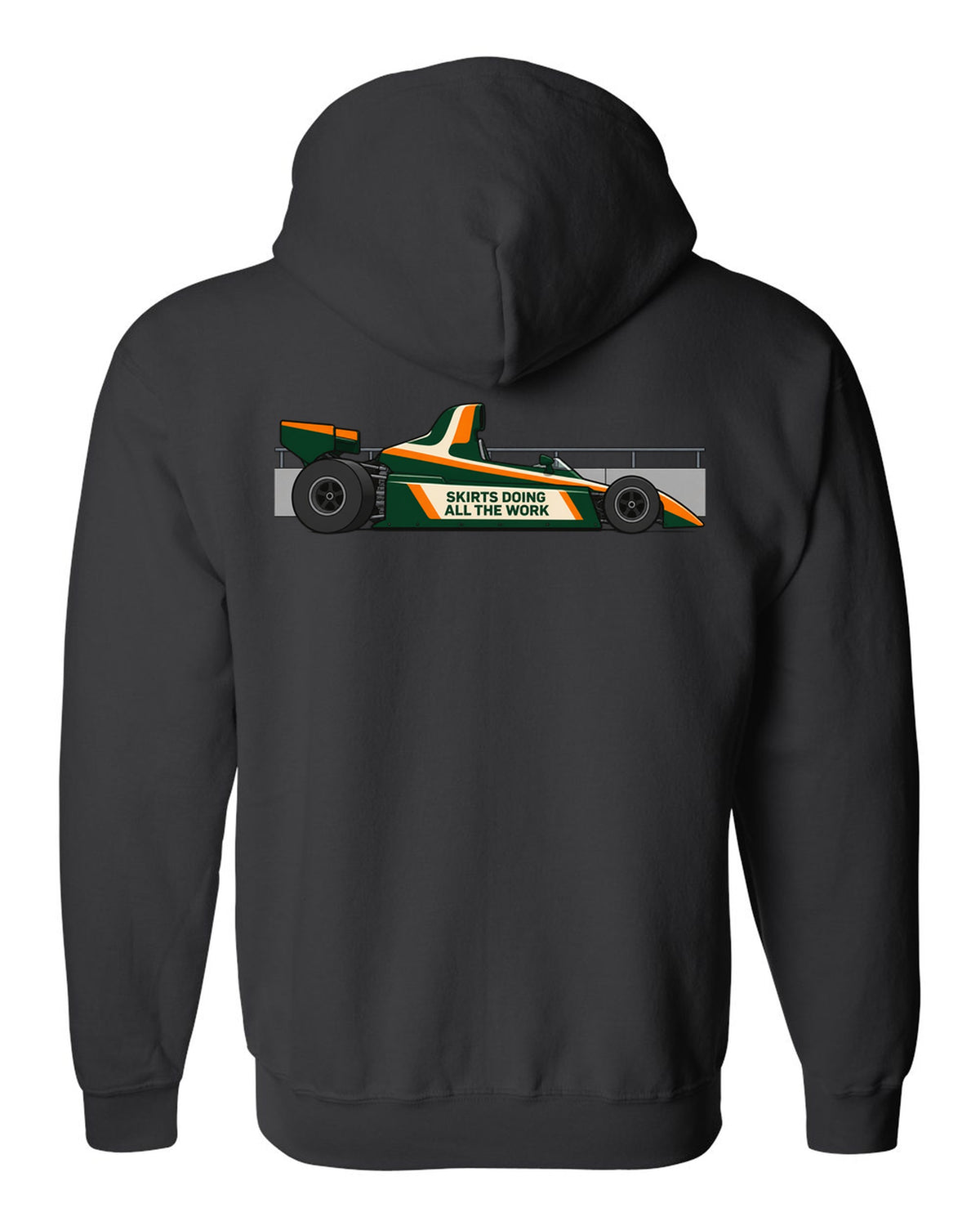 Flat vector Lotus 79 Formula 1 car with the lettering skirts doing all the work black zip hoodie back view with the design