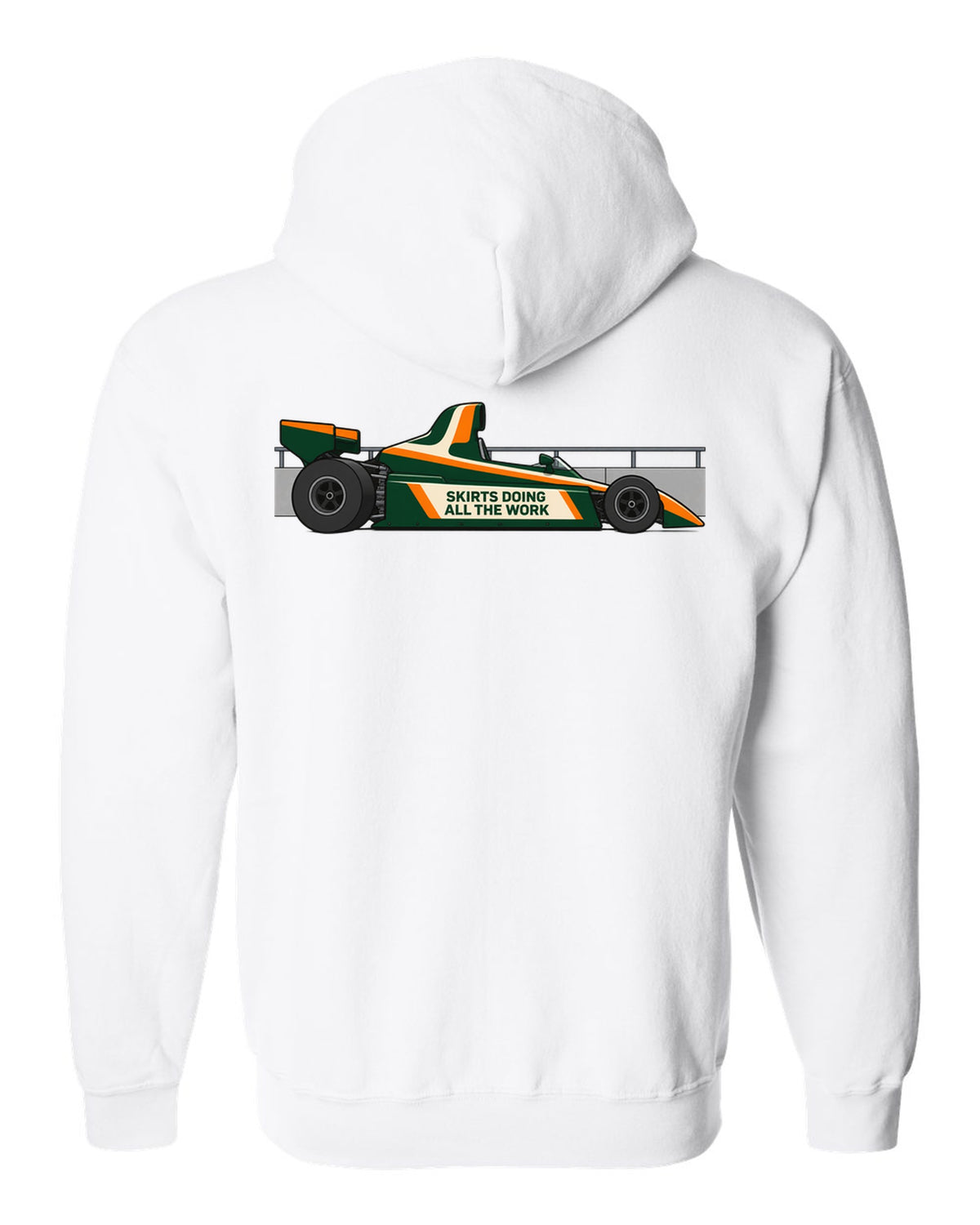Flat vector Lotus 79 Formula 1 car with the lettering skirts doing all the work white zip hoodie back view with the design