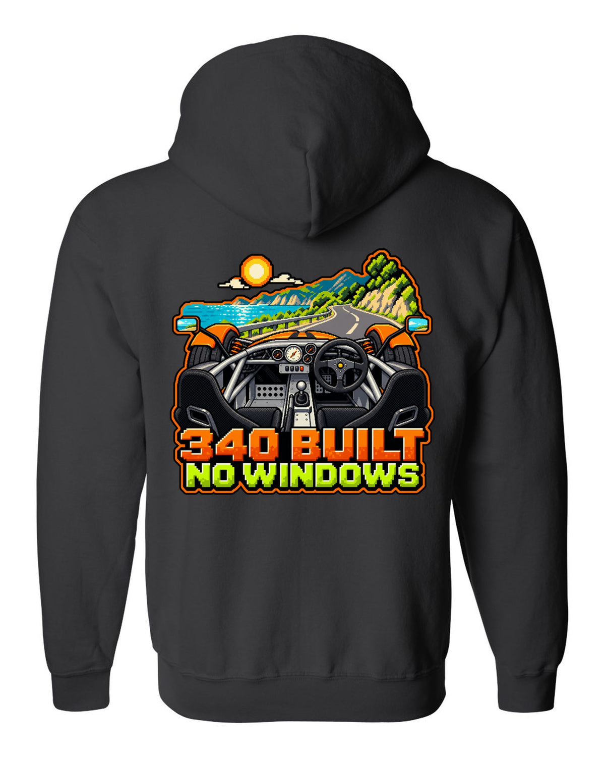Lotus Elise 340R in 8/16-bit pixel art with 340 BUILT and NO WINDOWS lettering black zip hoodie back view with the design