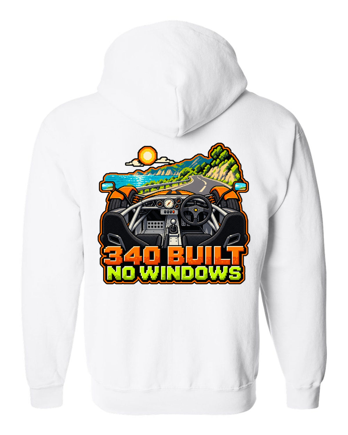 Lotus Elise 340R in 8/16-bit pixel art with 340 BUILT and NO WINDOWS lettering white zip hoodie back view with the design