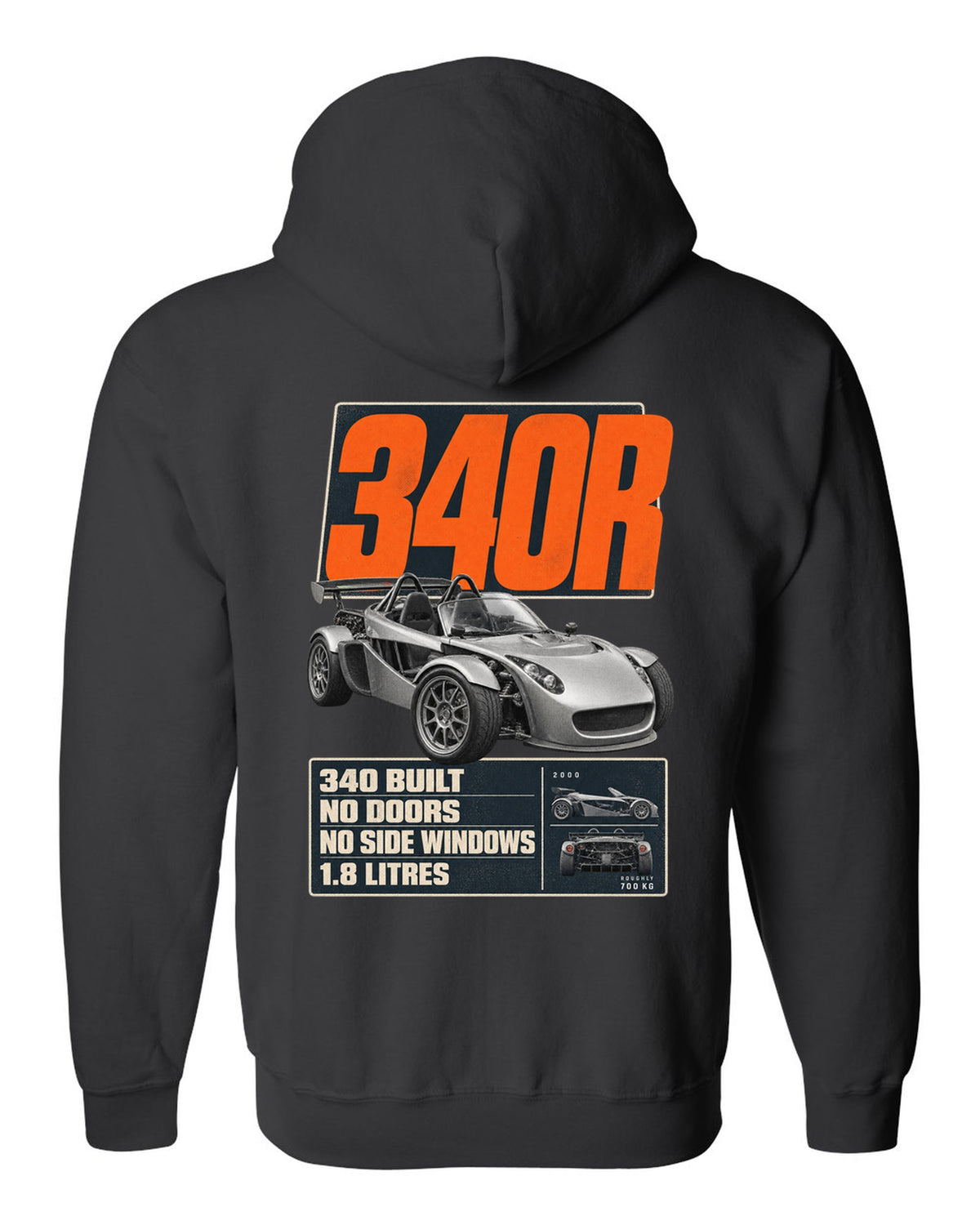 Lotus Elise 340R doorless roadster editorial headline print design black zip hoodie back view with the design