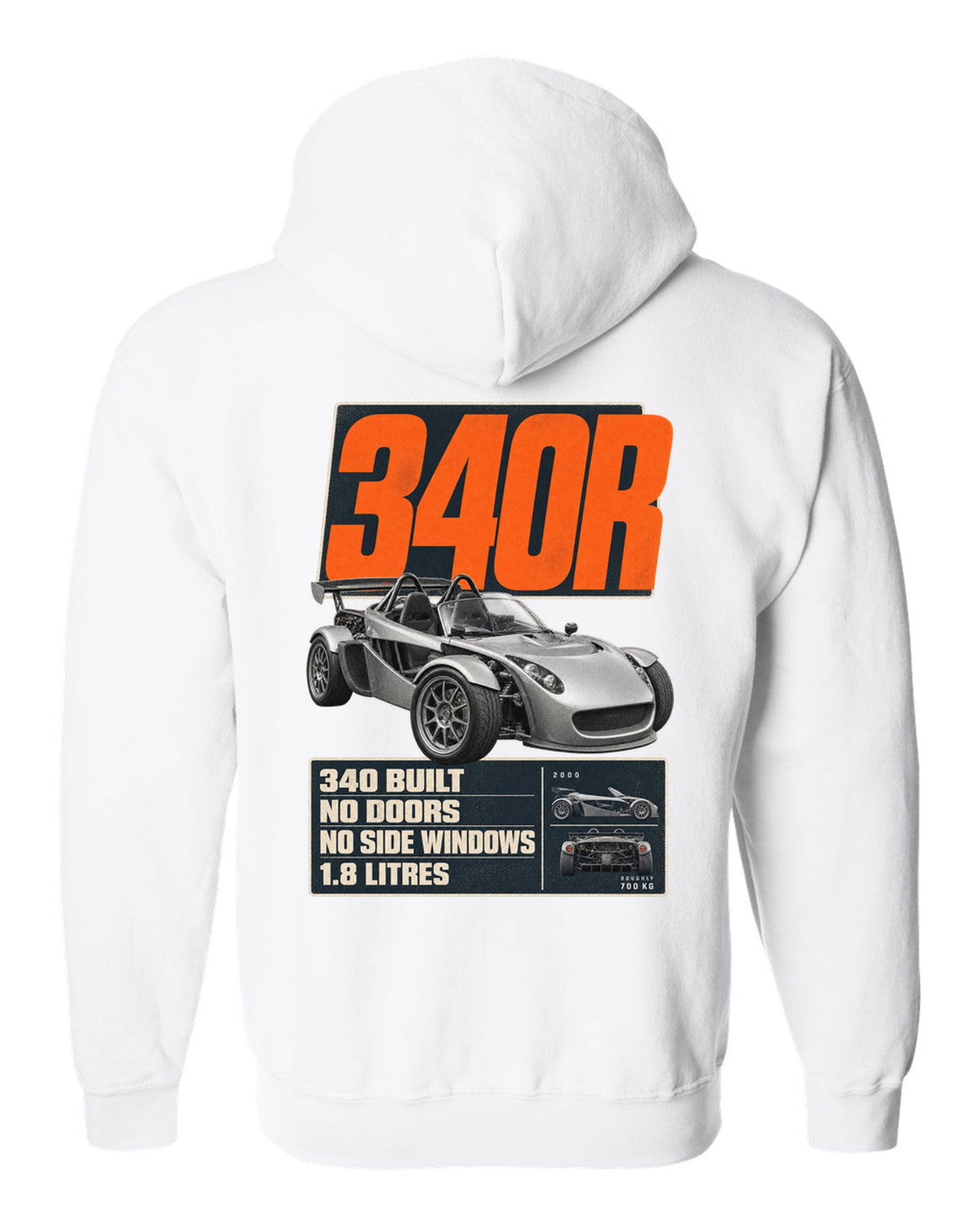 Lotus Elise 340R doorless roadster editorial headline print design white zip hoodie back view with the design