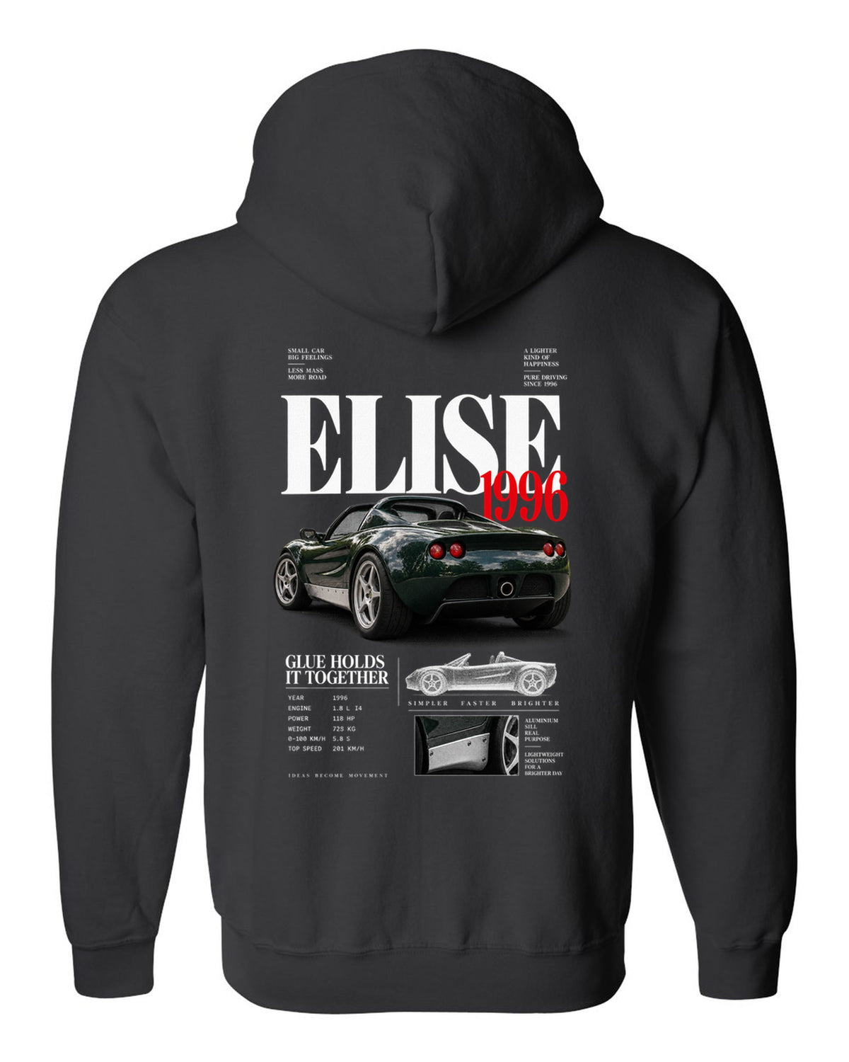 Editorial headline print for a 1996 Lotus Elise S1 with glue holds it together text black zip hoodie back view with the design
