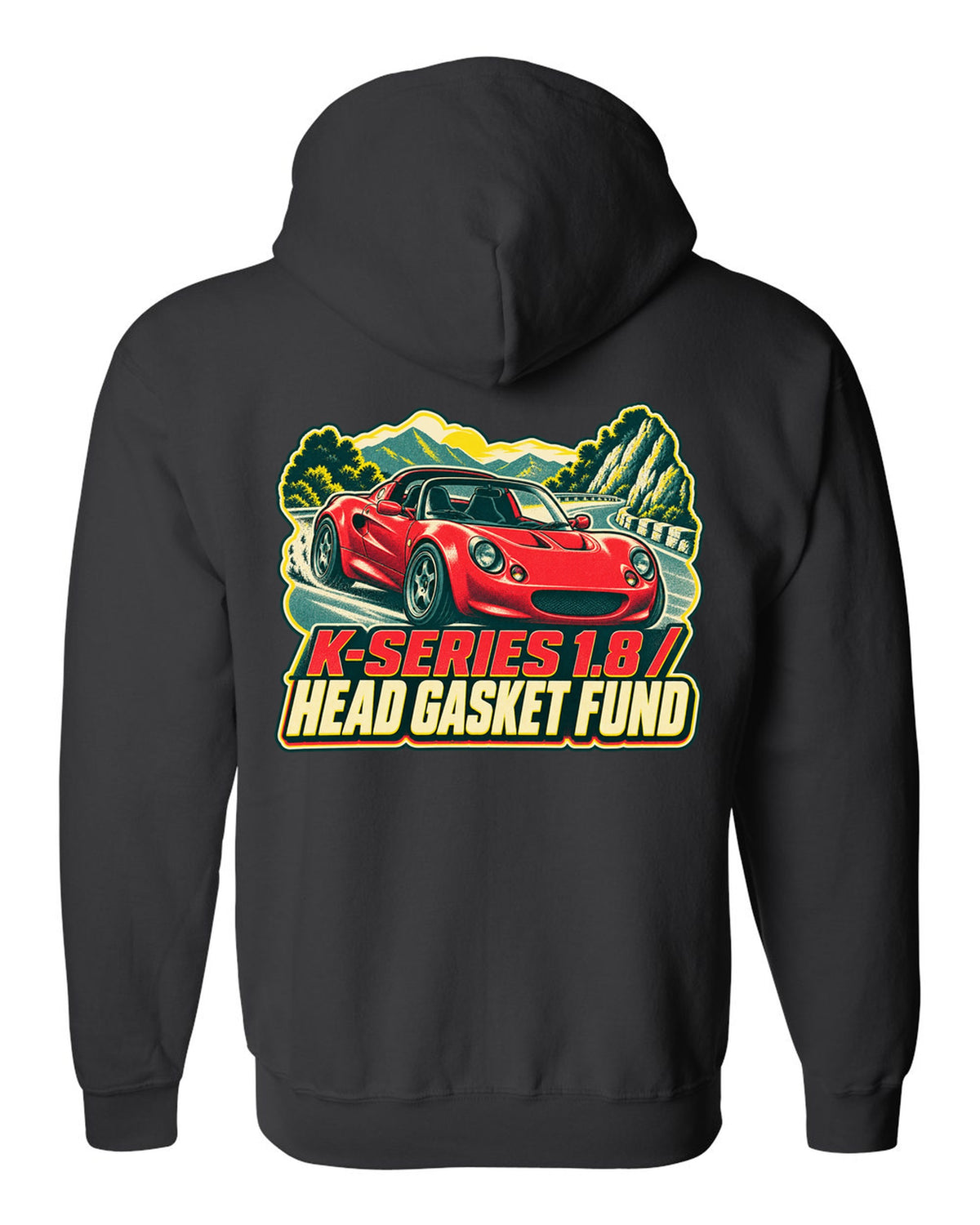 Lotus Elise S1 risograph print with K-Series 1.8 head gasket fund lettering black zip hoodie back view with the design