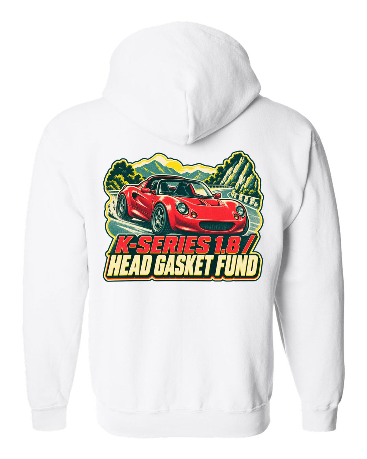 Lotus Elise S1 risograph print with K-Series 1.8 head gasket fund lettering white zip hoodie back view with the design