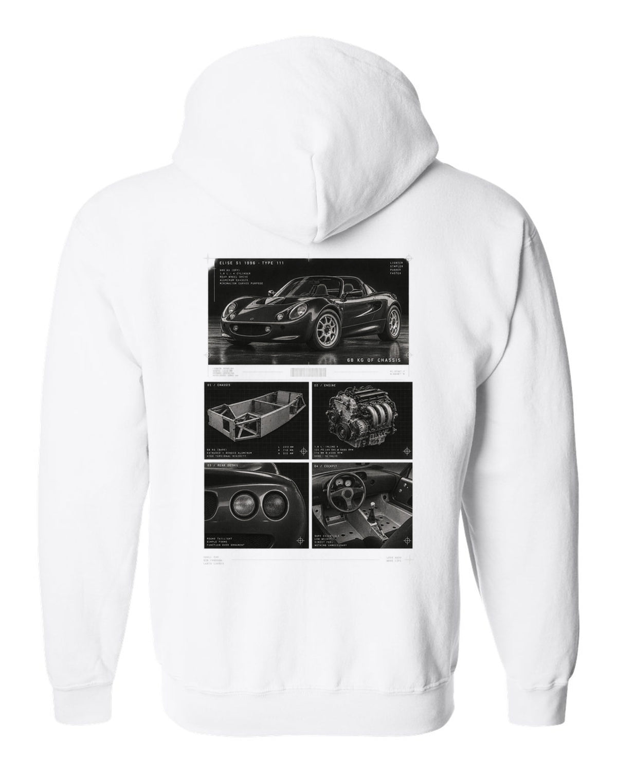 Dossier panel print of a 1996 Lotus Elise S1 Type 111 with 68 kg of chassis text white zip hoodie back view with the design