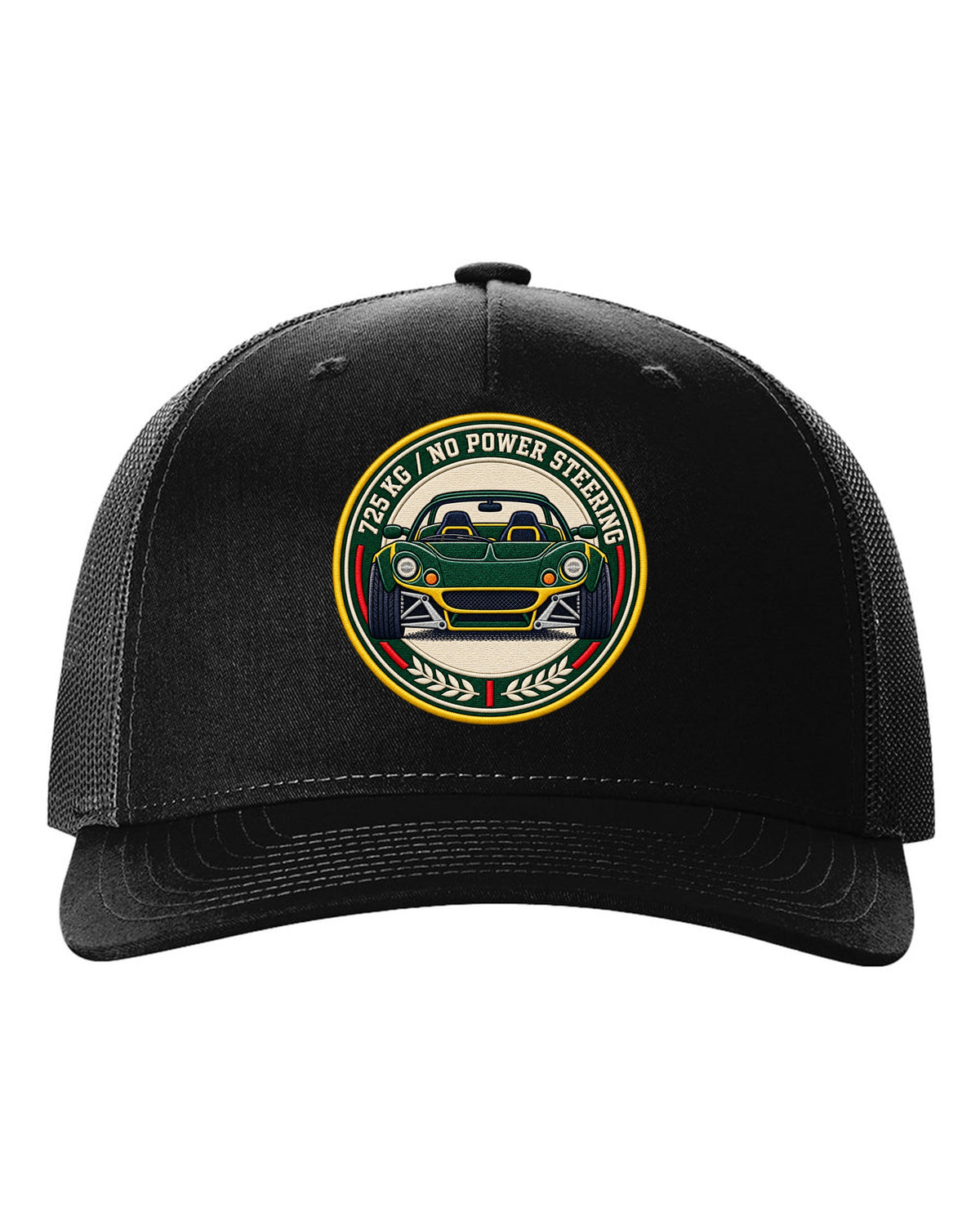 Lotus Elise S1 varsity crest design with 725 KG and no power steering lettering black hat front view with the design