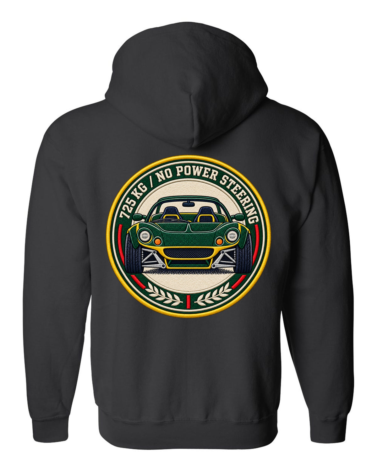 Lotus Elise S1 varsity crest design with 725 KG and no power steering lettering black zip hoodie back view with the design