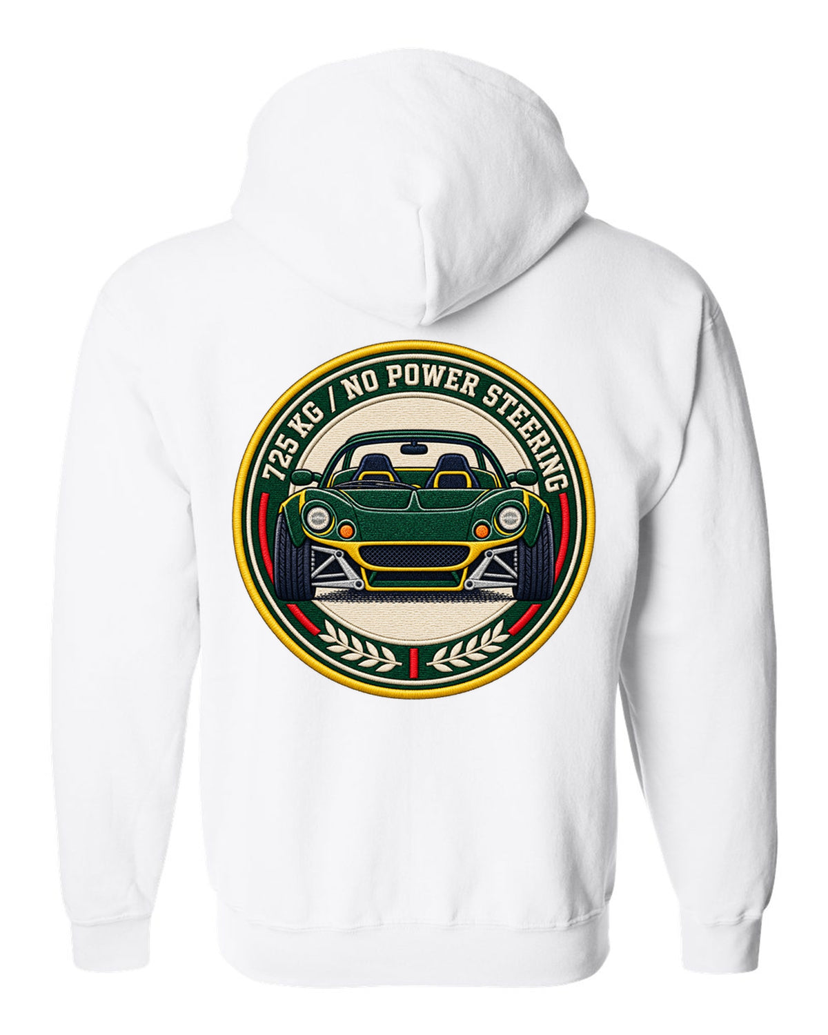 Lotus Elise S1 varsity crest design with 725 KG and no power steering lettering white zip hoodie back view with the design