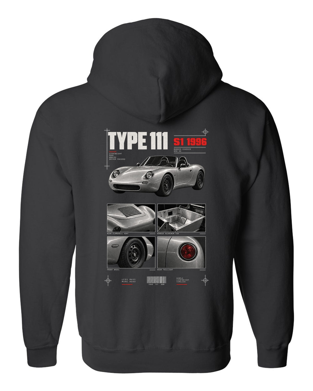 Dossier panel print of a 1996 Lotus Elise S1 Type 111 with bonded aluminium chassis black zip hoodie back view with the design