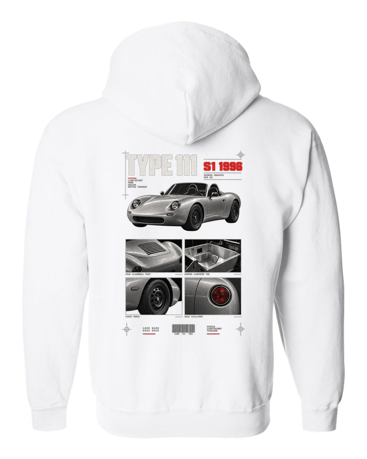 Dossier panel print of a 1996 Lotus Elise S1 Type 111 with bonded aluminium chassis white zip hoodie back view with the design