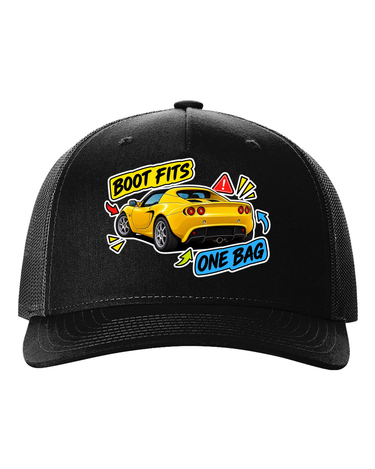 Lotus Elise S2 sticker bomb collage with BOOT FITS ONE BAG lettering black hat front view with the design
