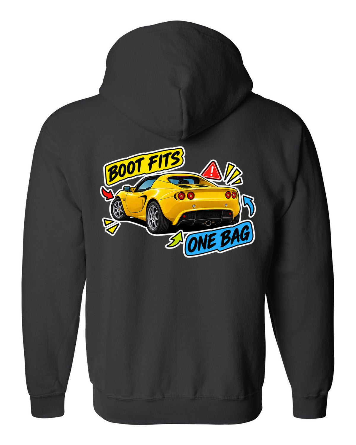 Lotus Elise S2 sticker bomb collage with BOOT FITS ONE BAG lettering black zip hoodie back view with the design