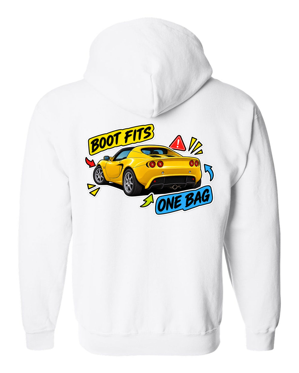 Lotus Elise S2 sticker bomb collage with BOOT FITS ONE BAG lettering white zip hoodie back view with the design