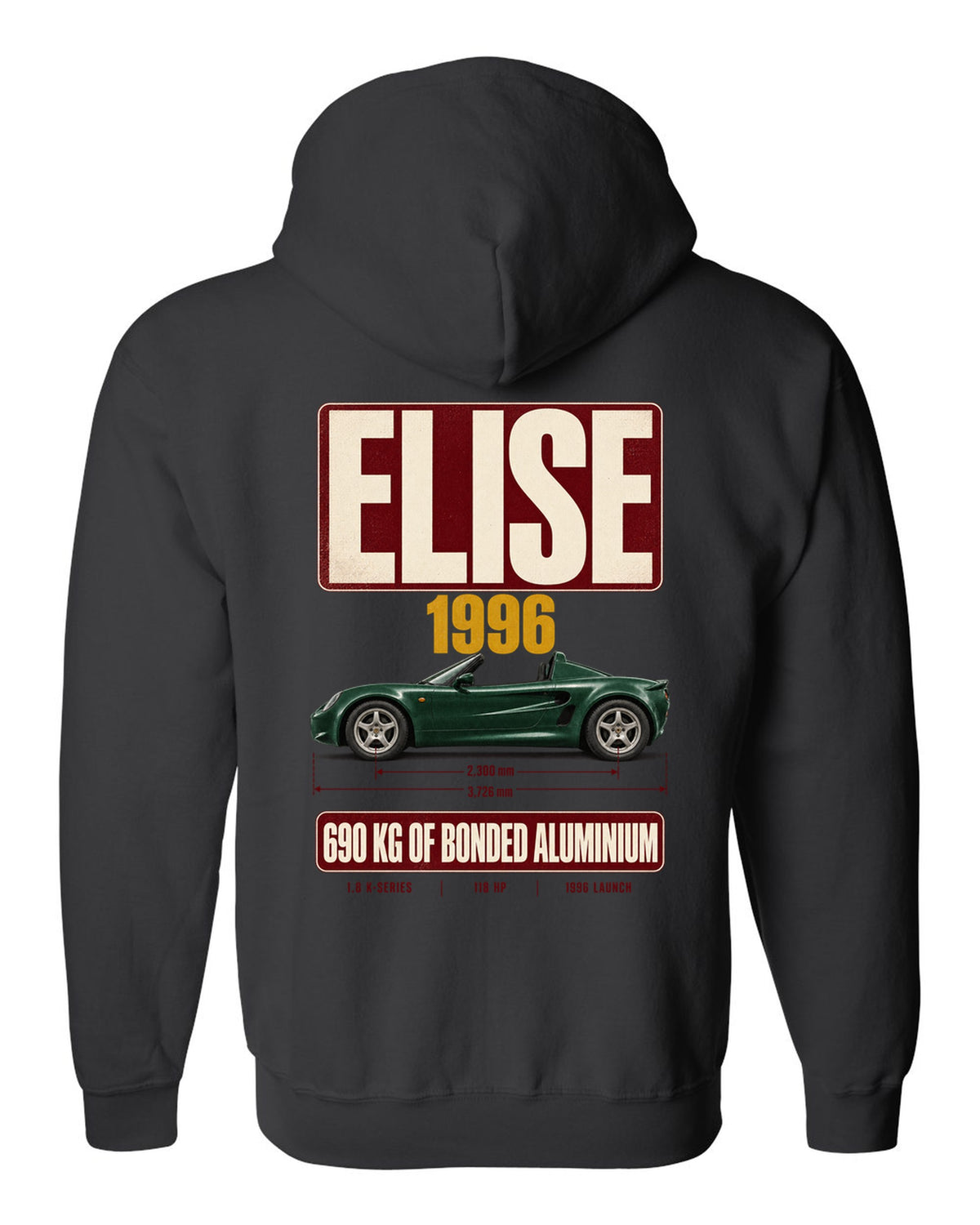 Lotus Elise Series 1 open roadster archive panel print with 1996 and 690 kg bonded aluminium text black zip hoodie back view with the design