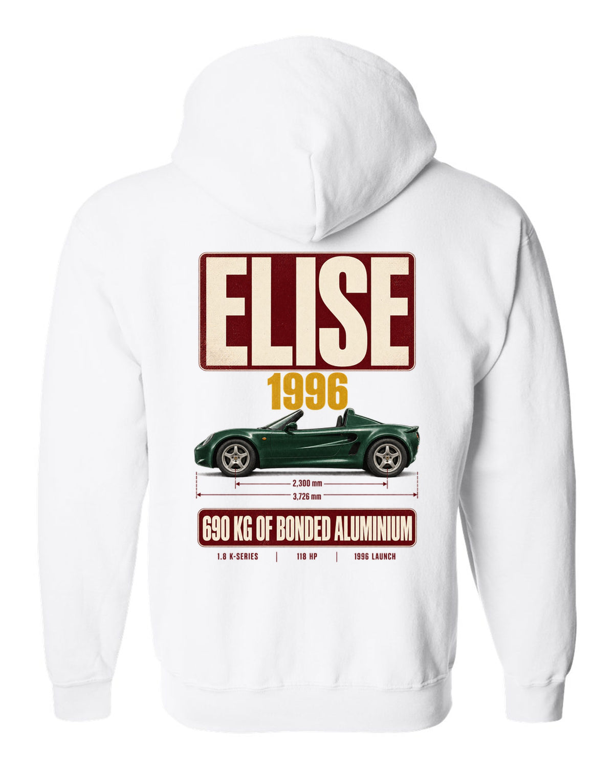 Lotus Elise Series 1 open roadster archive panel print with 1996 and 690 kg bonded aluminium text white zip hoodie back view with the design