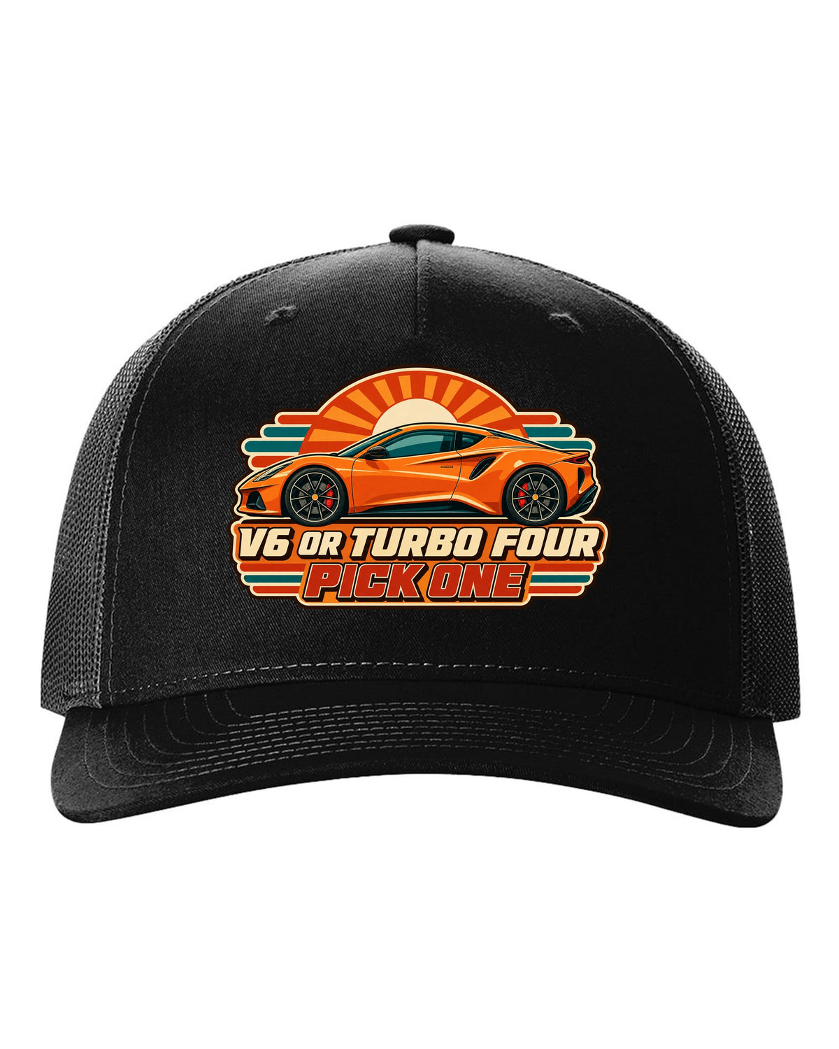 Lotus Emira in retro Japanese showa ad style with V6 OR TURBO FOUR PICK ONE lettering black hat front view with the design
