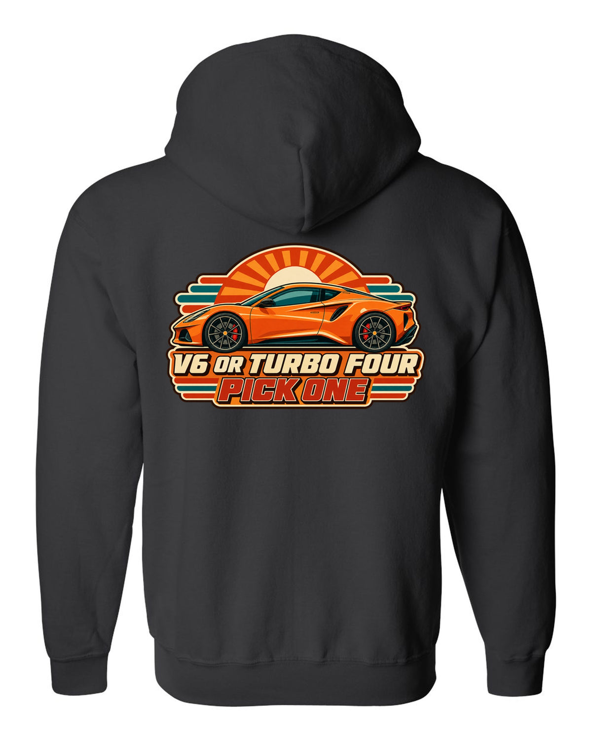 Lotus Emira in retro Japanese showa ad style with V6 OR TURBO FOUR PICK ONE lettering black zip hoodie back view with the design